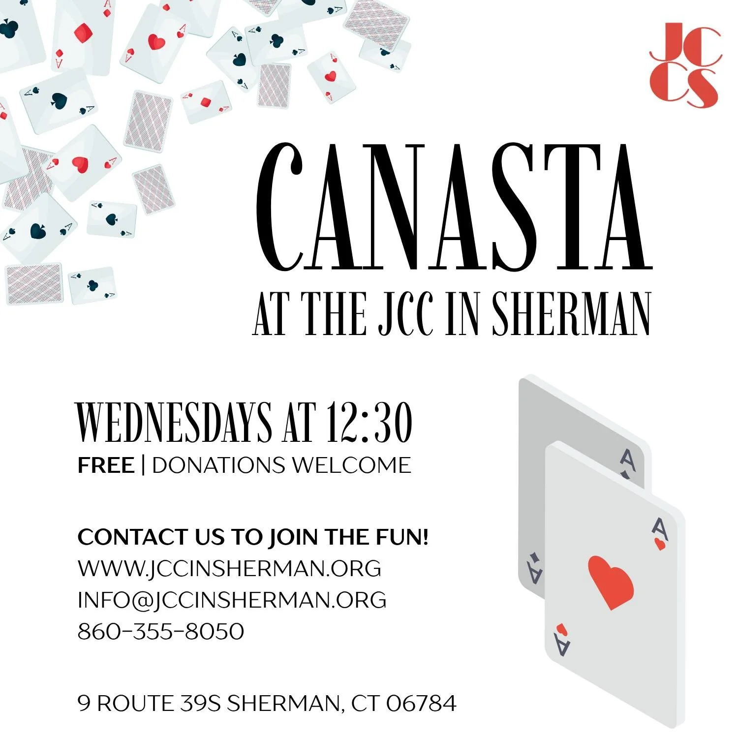 You asked, we delivered!

&hearts;️&spades;️&diams;️&clubs;️

Canasta finally has a home at the JCC in Sherman. Join us Wednesdays at 12:30pm for a free game of Canasta with members of your community!

Email: info@jccinsherman.org to join the game