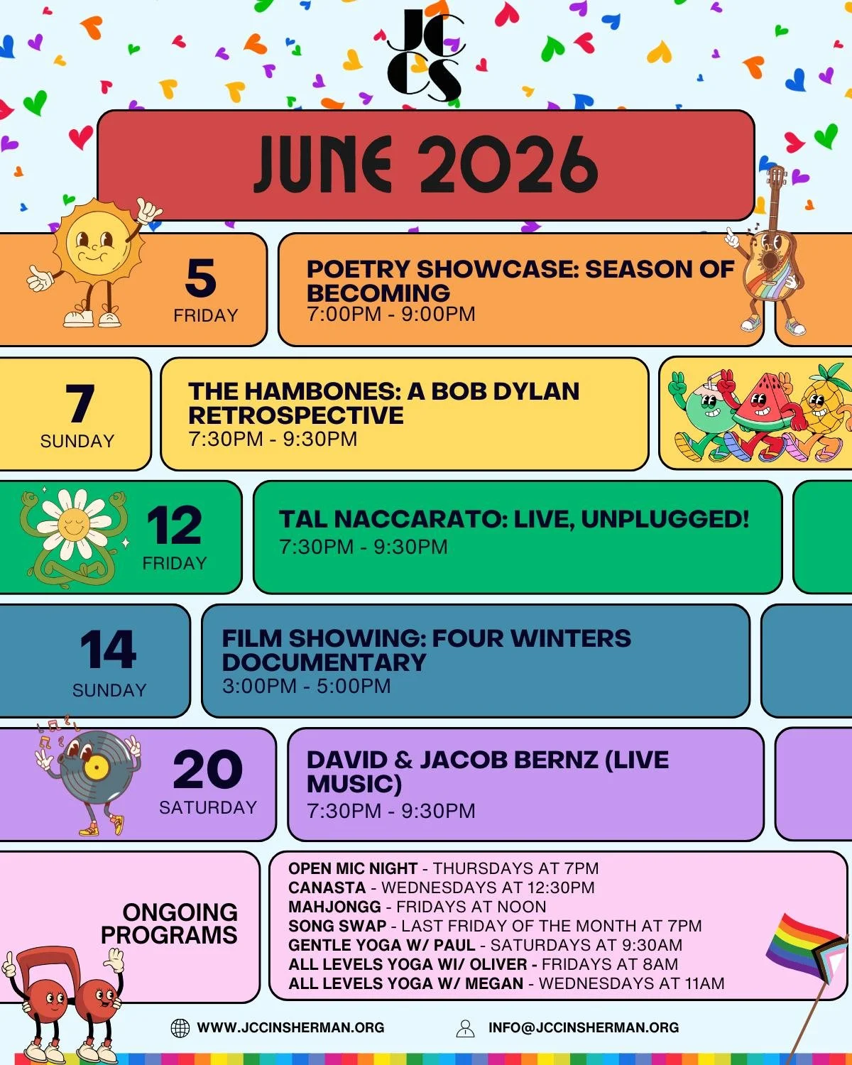 Poetry, Film, Music &amp; More at the JCC in Sherman this June!
🎶🎬🖊
You're sure to love your time at the JCC with these amazing events coming next month!

Sign Up: www.jccinsherman.org