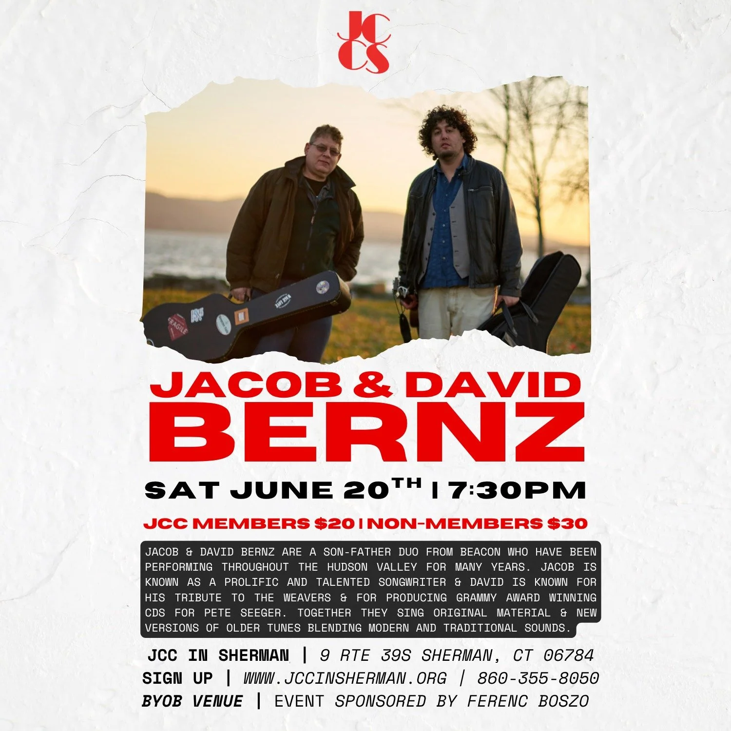 Next Saturday!

🎶🎸🎤

Join us for some fresh talent at the JCC!  Jacob Bernz and David Bernz are a son-father duo from Beacon who have been performing throughout the Hudson Valley for many years. Jacob is known as a prolific and talented songwriter