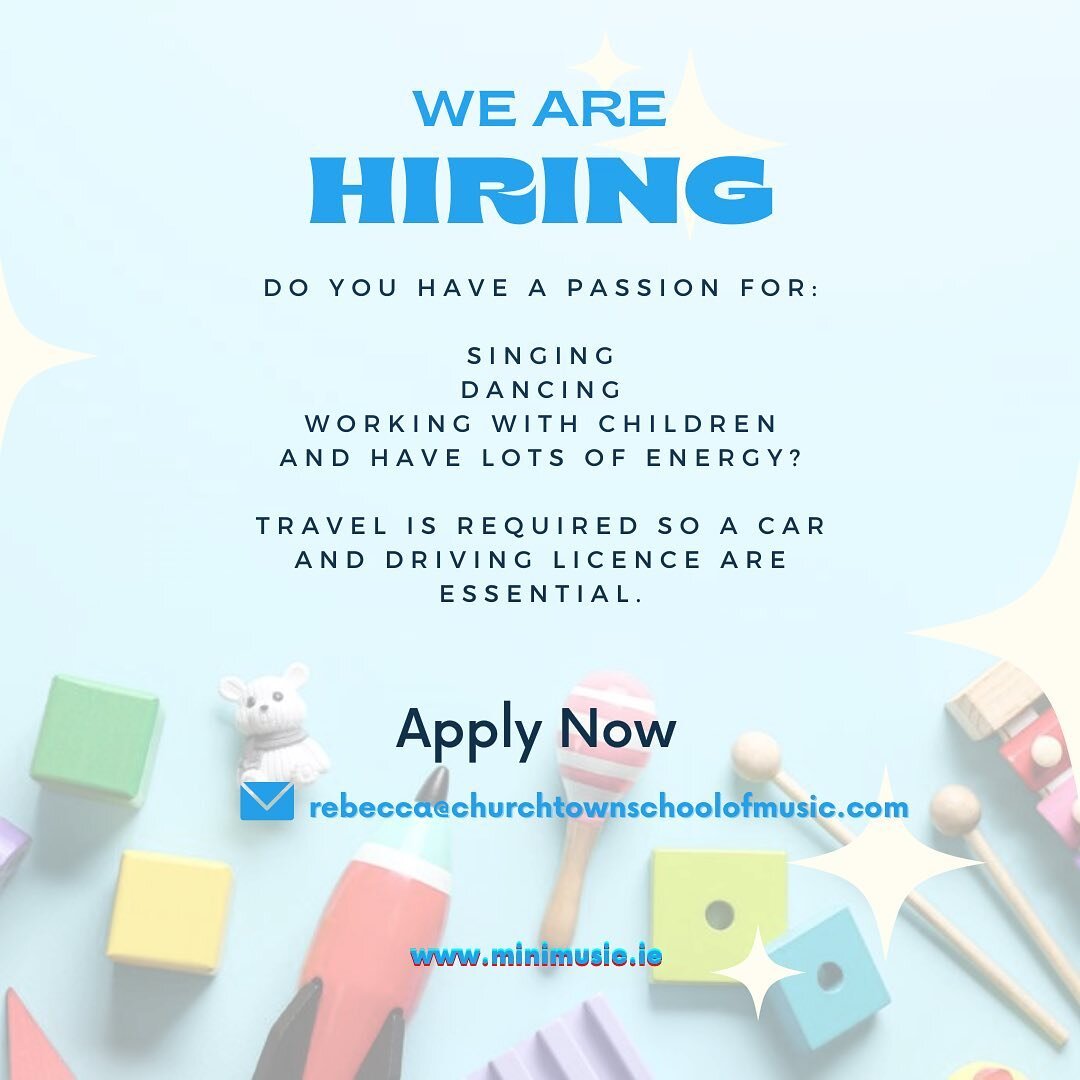 ✨We are hiring✨

We are expanding our team 🐭❤️ Mini Music runs workshops in Preschool&rsquo;s, primary schools and various art venues across Dublin.
&bull;
&bull;
All training and equipment provided. Must be available to teach on a Saturday. 
&bull;