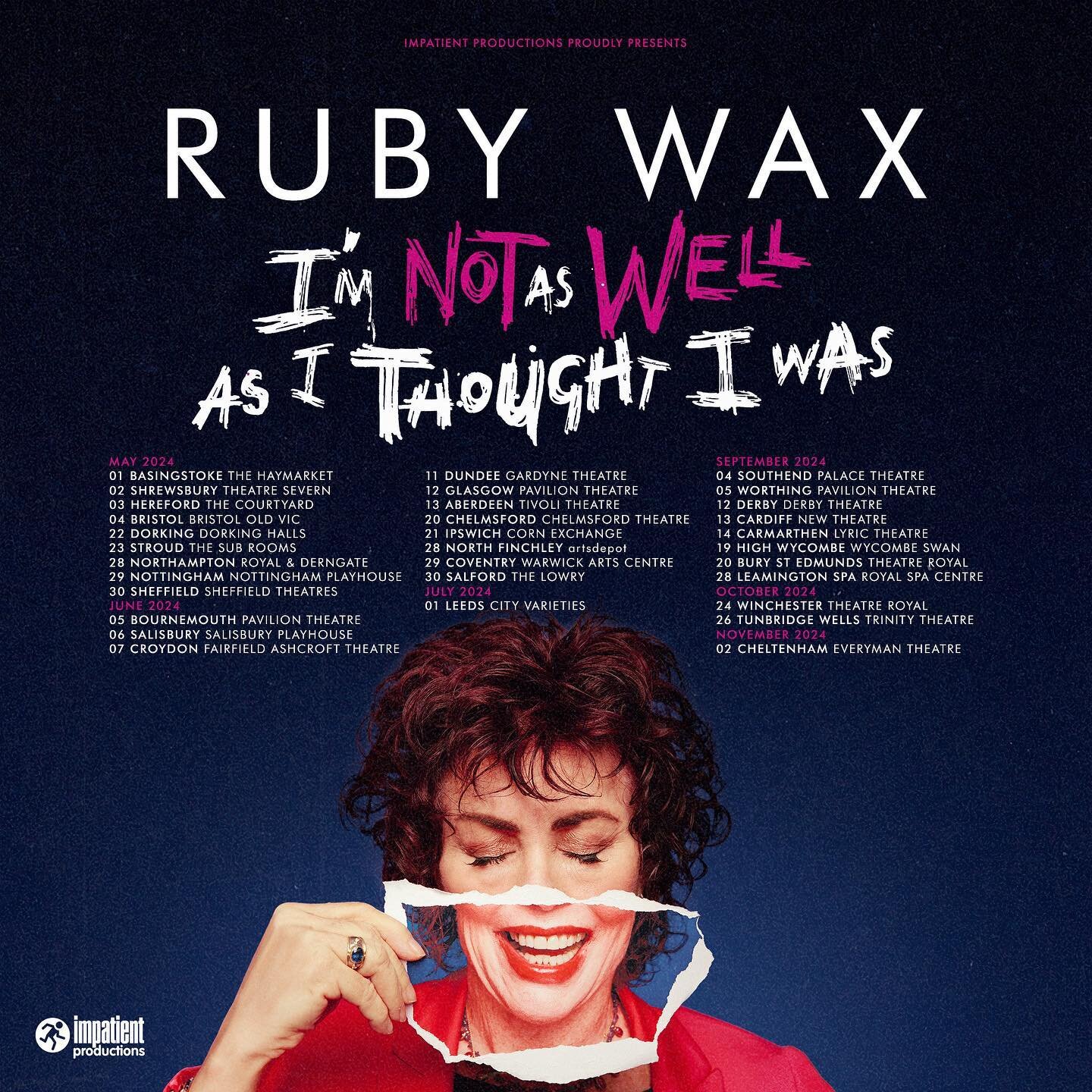 Following the success of her 2024 tour, I&rsquo;m Not As Well As I Thought I Was, the brilliant @rubywax has just announced her tour will be continuing with a run of new dates for 2024.

Tickets are on sale now 🎟️

#RubyWax #ImNotAsWellAsIThoughtIWa