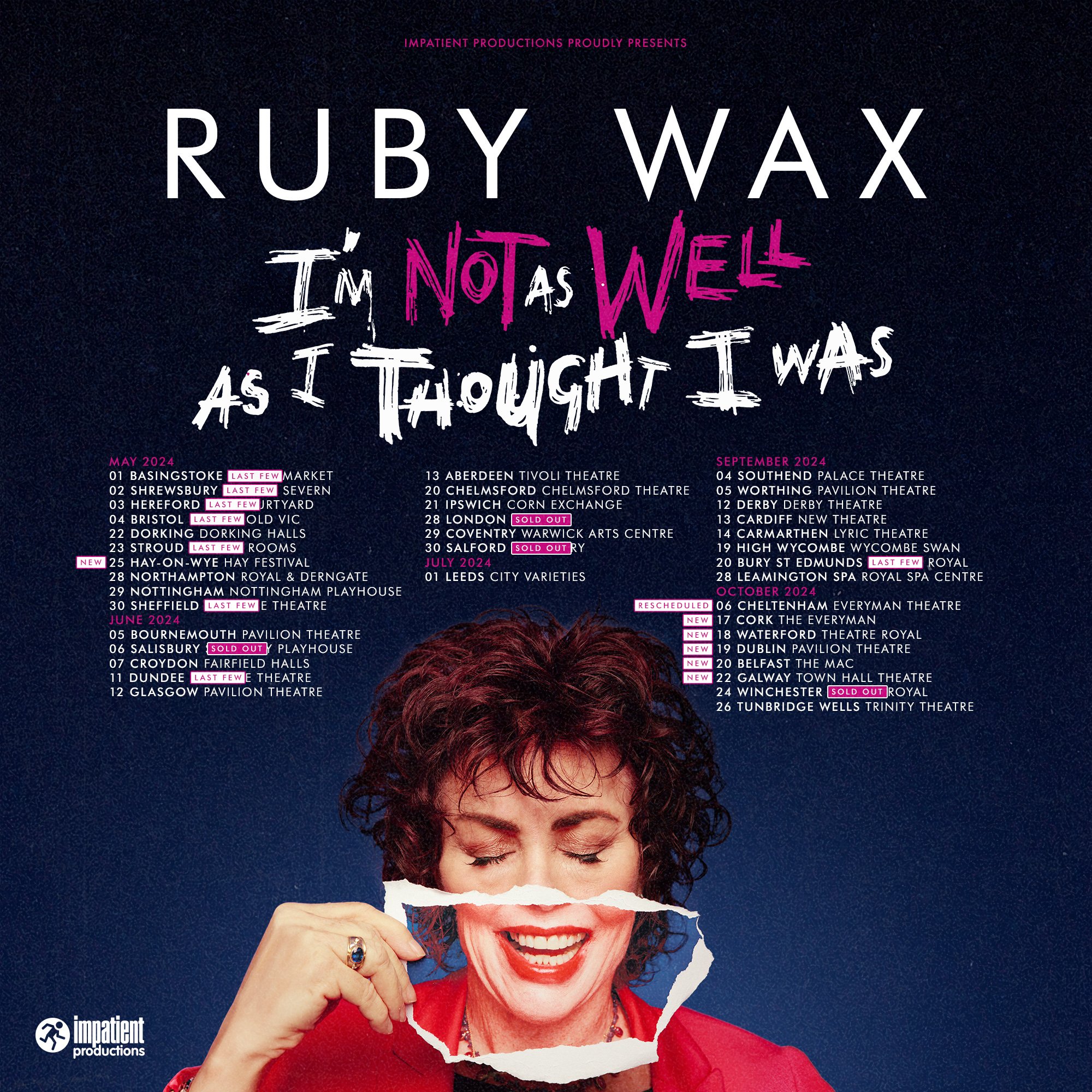 The hilarious @rubywax is back out on tour from next month with her one-woman show, 'I'm Not As Well As I Thought I Was'.

Brand new Ireland dates have been added, and some venues are already starting to sell out - so if you missed her show last year