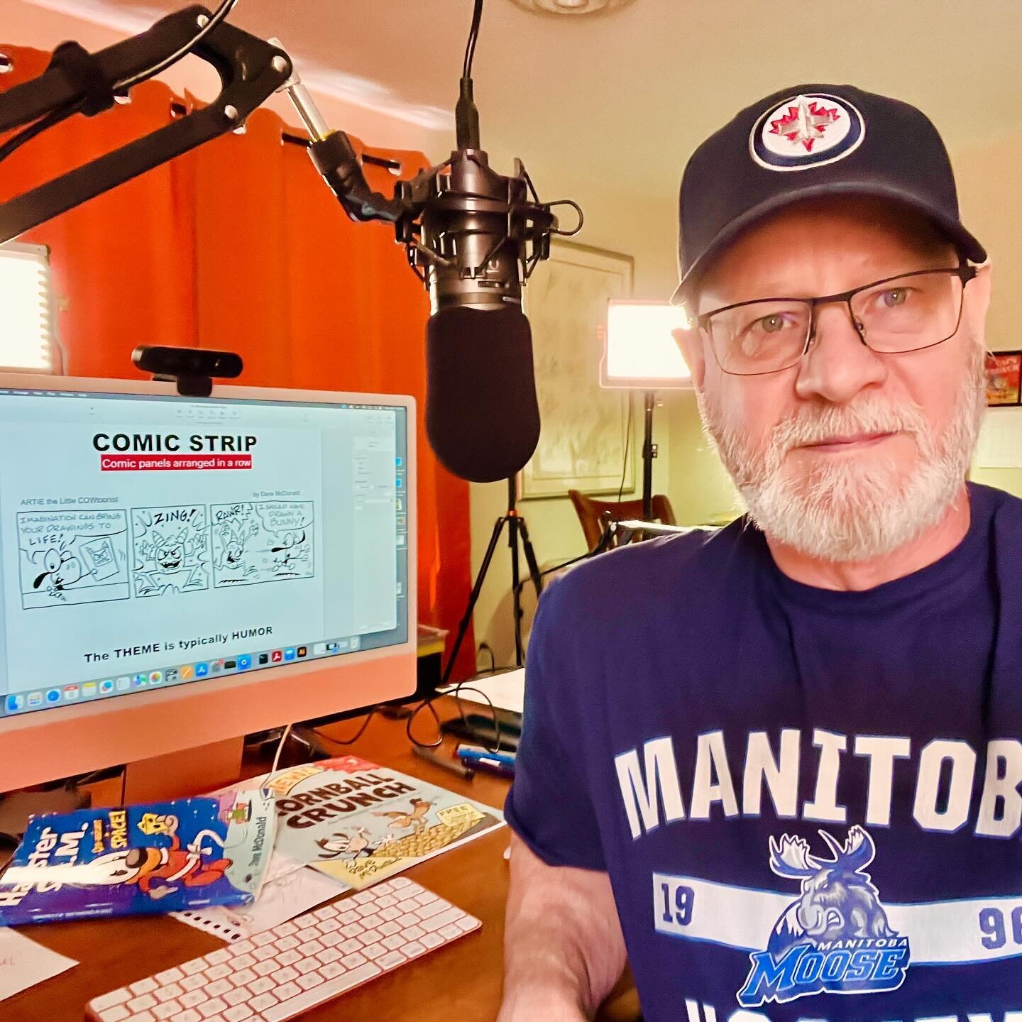 Awesome morning presenting virtual #cartooning &amp; #comics program to a school in Winnipeg, Manitoba! That&rsquo;s hockey country- and though I&rsquo;m a big Hurricanes fan, I showed some hockey love by repping the Jets cap and the AHL Moose shirt!