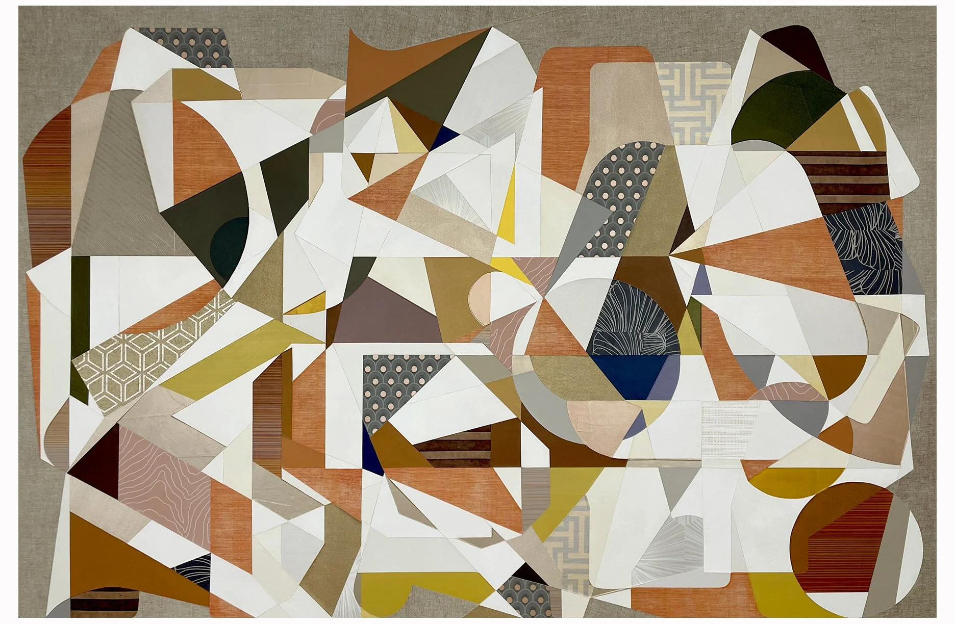 Open Invitation, 2026.  50" x 75".  Paint, painted paper, print material, textiles, painted canvas, Belgian Linen collaged/adhered to wood panel.