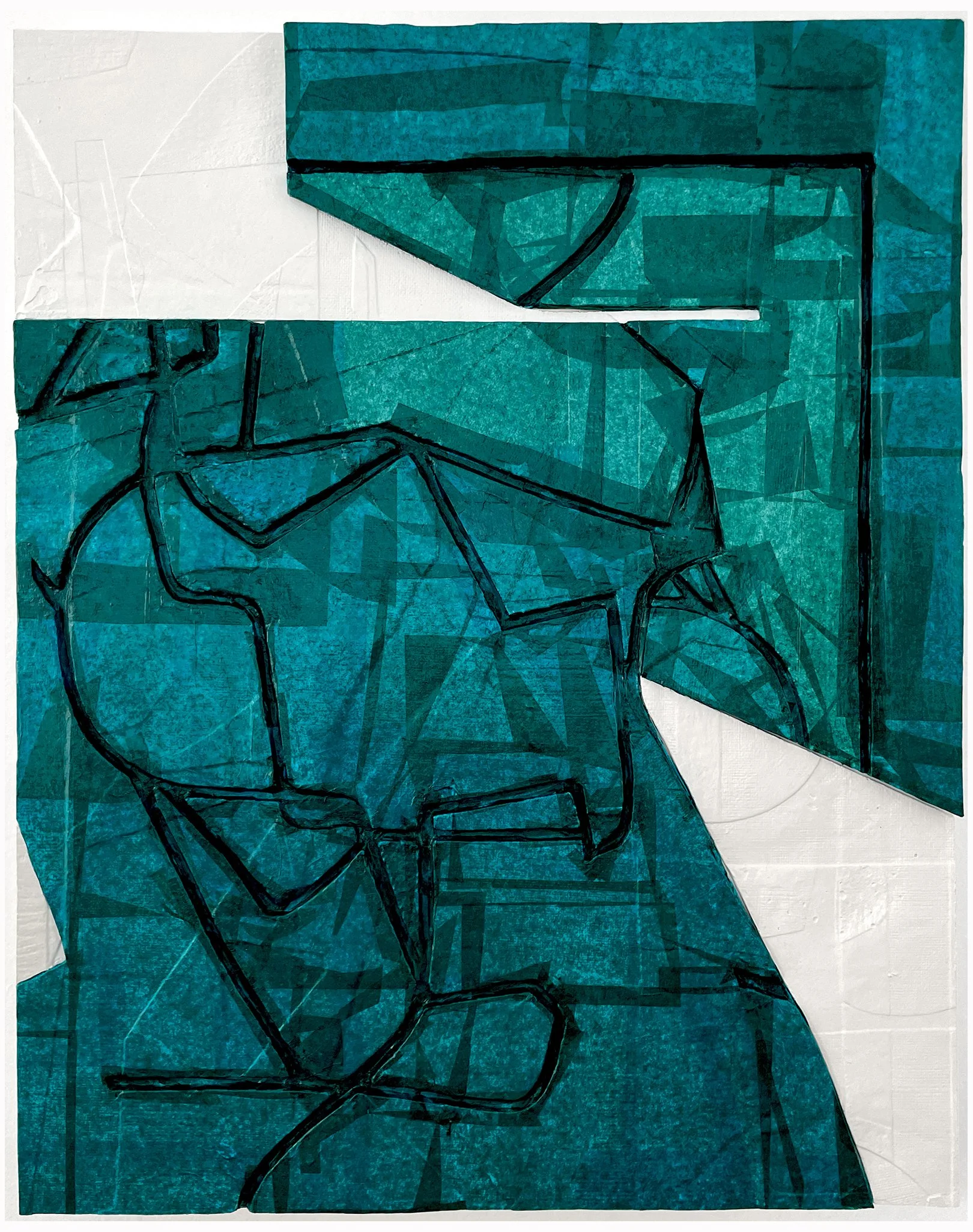 Character, 2025.  16" x 20".  Painted paper, paint and aqua resin cast forms mounted on wood panel.