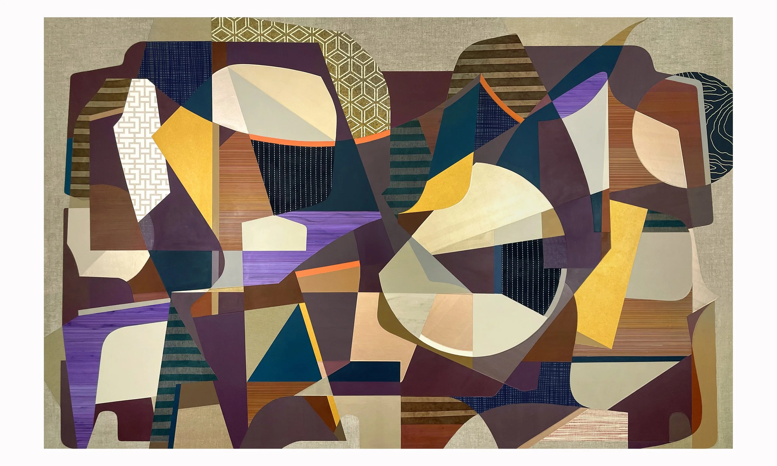 Continuation Bell. 2026. 50" x 80". Painted paper, print material, painted canvas, textiles, Belgian Linen collaged/adhered to sintra panel with wood cradling.