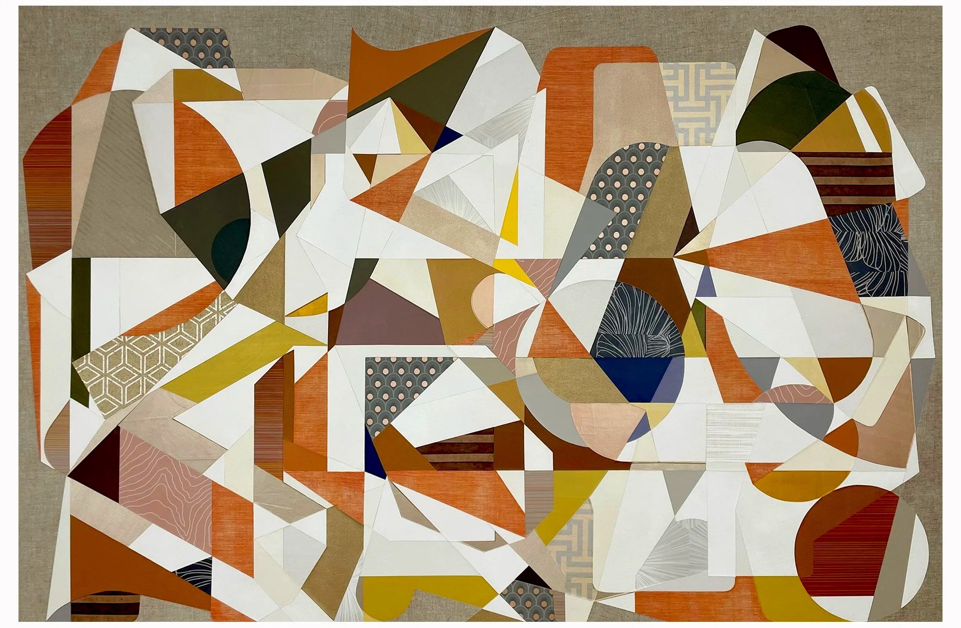 Open Invitation, 2026.  50" x 75".  Paint, painted paper, print material, textiles, painted canvas, Belgian Linen collaged/adhered to wood panel.