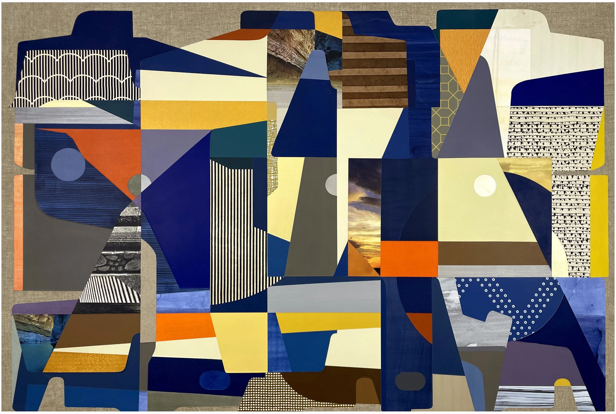 Object of Mind, 2025. 40" x 60". Paint, painted paper, print materials, textiles, painted canvas, raw canvas, Belgian linen collaged/adhered to sintra panel.