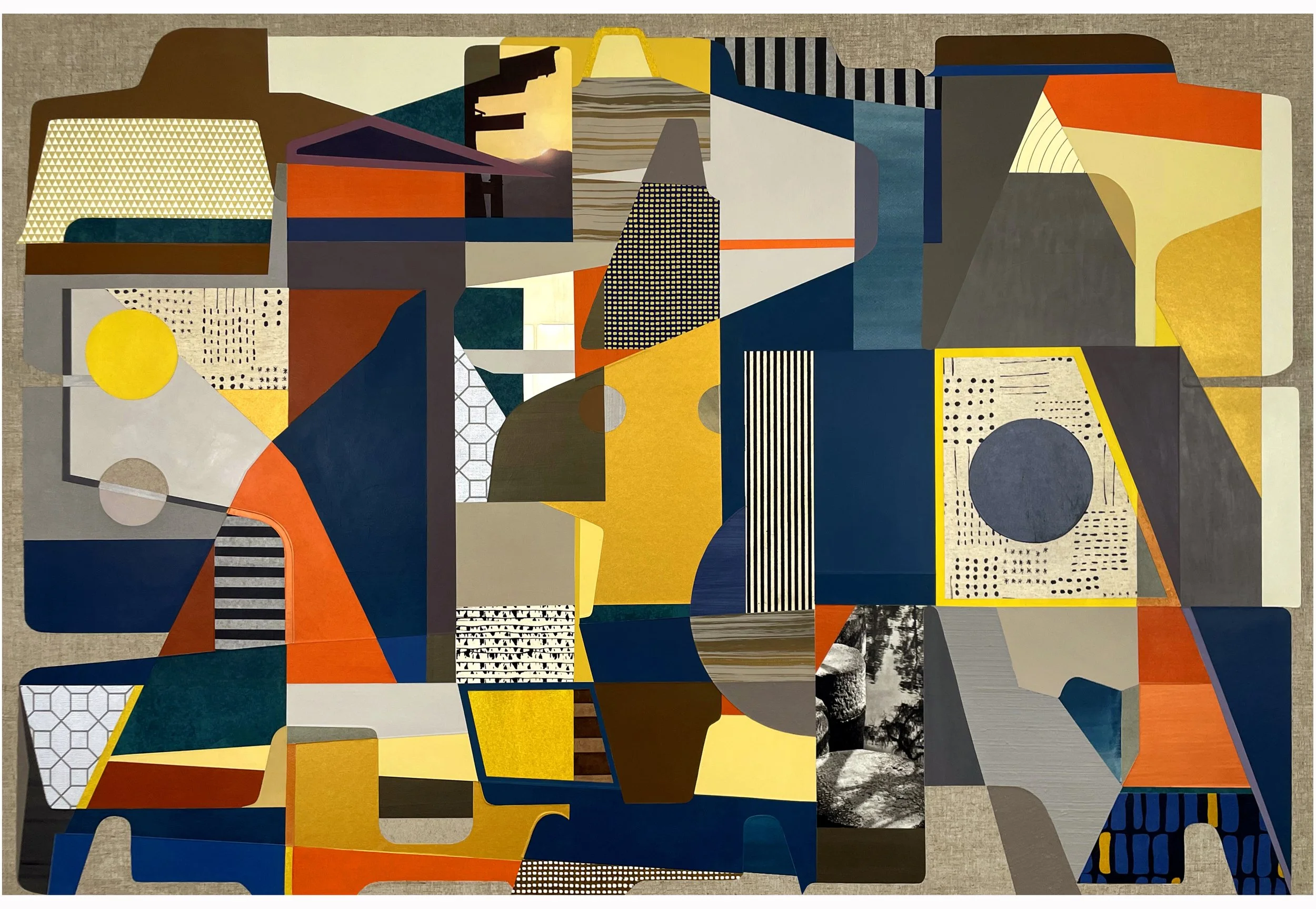 Bridge, 2025. 40" x 60". Paint, painted paper, print materials, textiles, painted canvas, raw canvas, Belgian linen collaged/adhered to sintra panel.