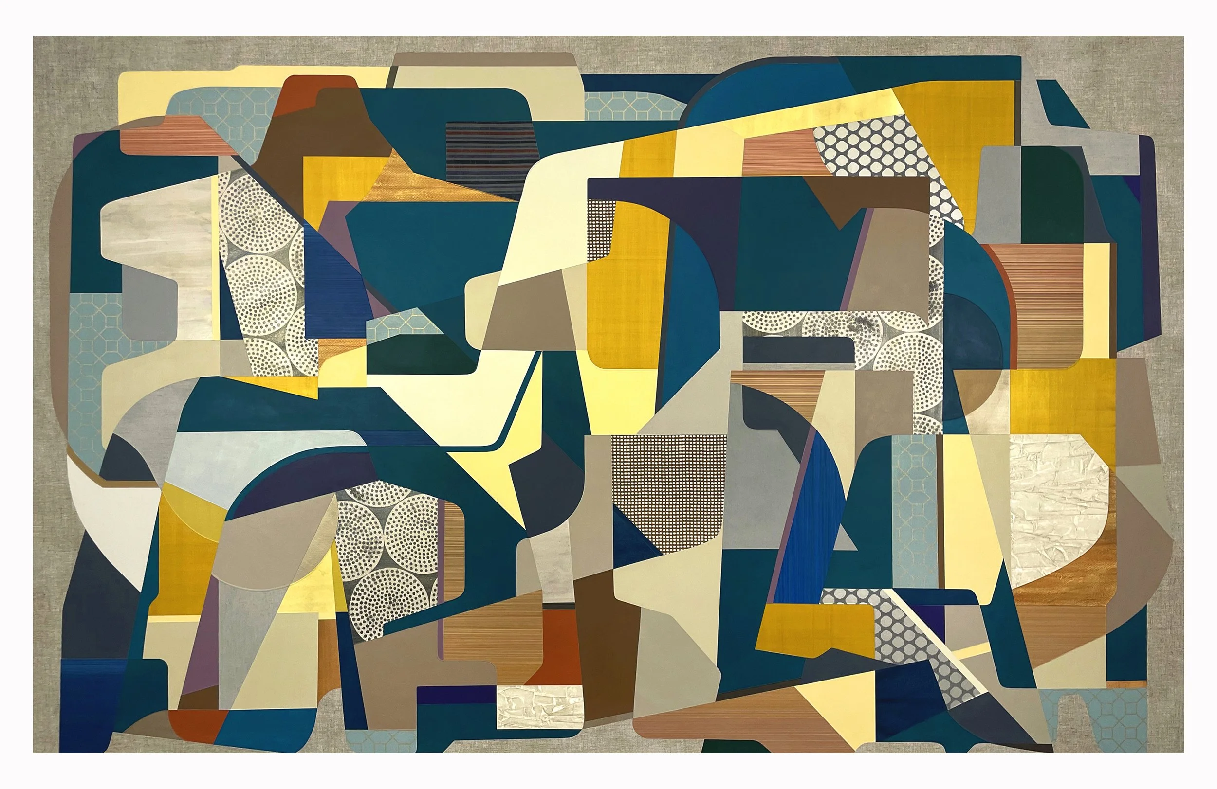 Finishing Bell.  2026.  50" x 80".  Painted paper, print material, painted canvas, textiles, Belgian Linen collaged/adhered to sintra panel with wood cradling.