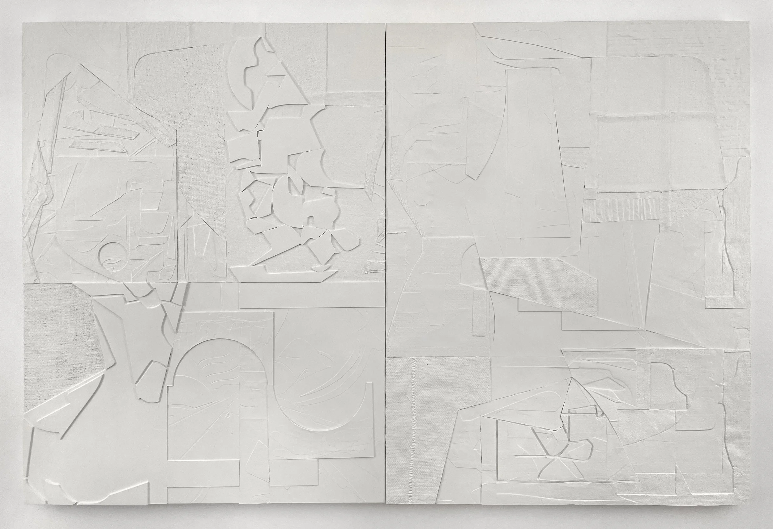 Projection 1 & Projection 2.  Two panels each 36" x 48" (48" x 72" overall in image).  Painted Aquaresin cast forms adhered to sintra panel (wood cradle on back).  Can be installed as two separate works.