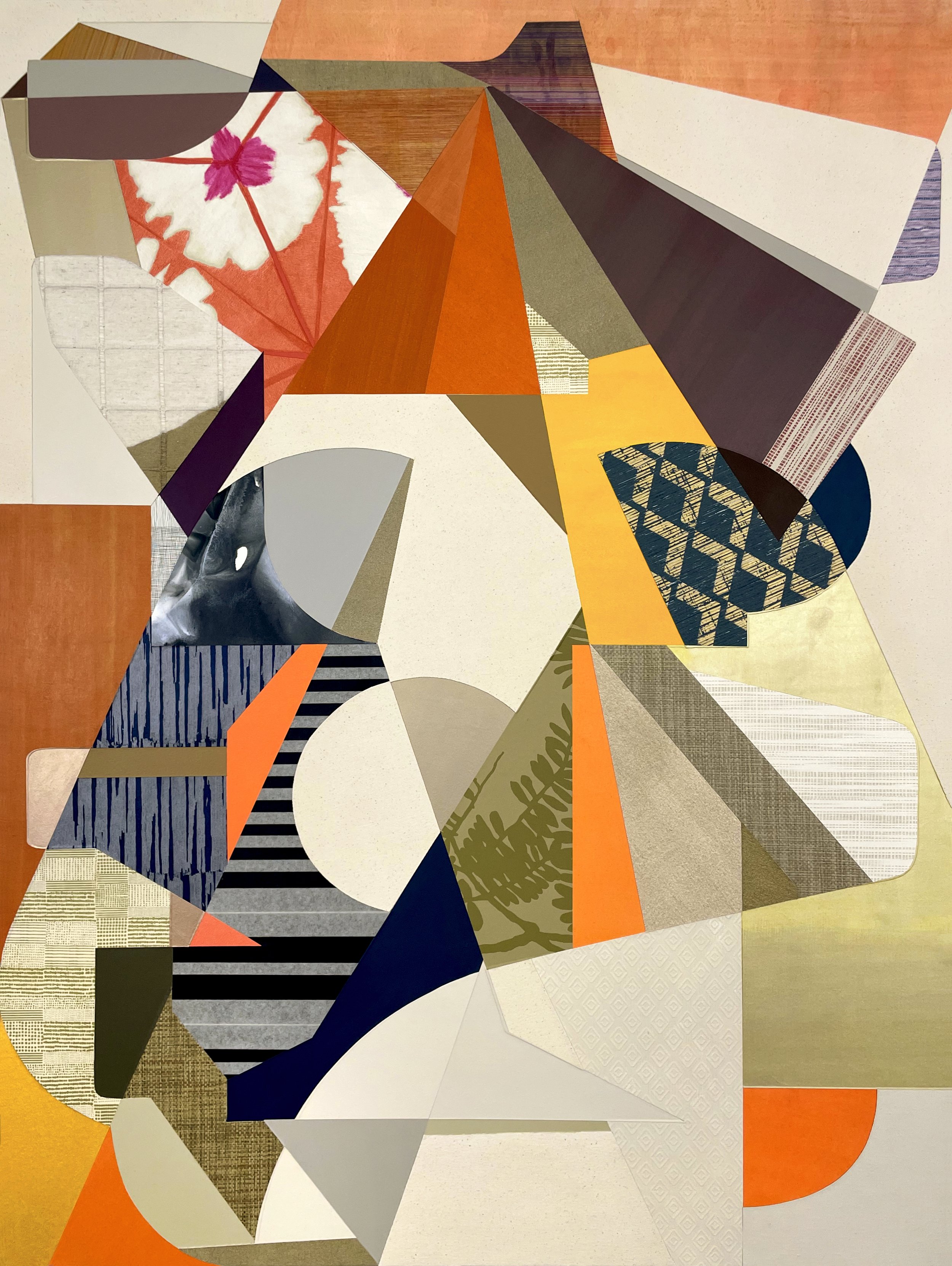 Interbeing Abstraction #1.  2026.  36" x 48".  Paint, painted paper, print material, textiles, canvas, Belgian linen, collaged/adhered to Sintra panel with wood cradling.