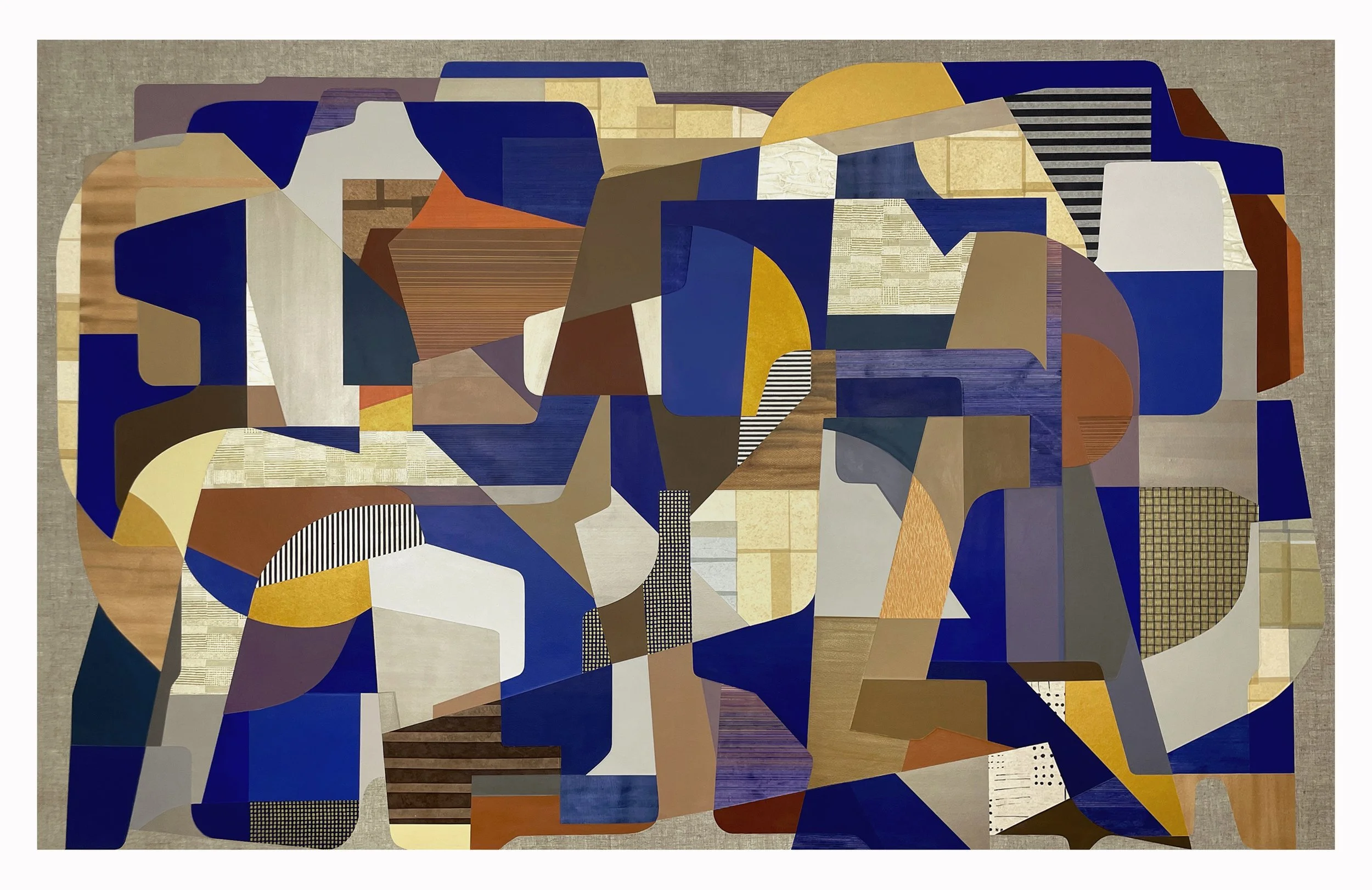 Beginning Bell. 2026. 50" x 80". Painted paper, print material, painted canvas, textiles, Belgian Linen collaged/adhered to sintra panel with wood cradling.