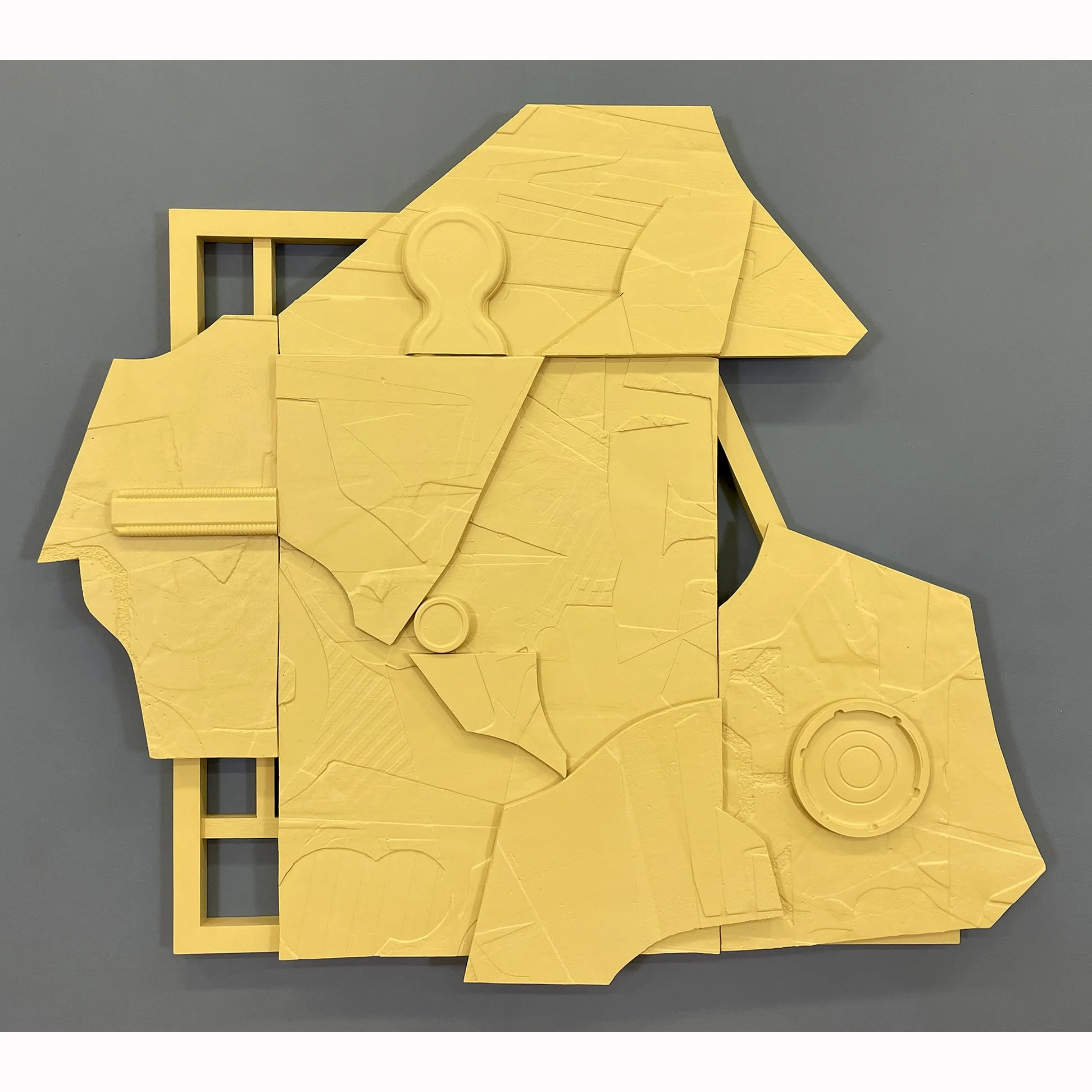 Mustard.  2024.  Hydrodcal/Casting Plaster, acrylic paint, wood.  Overall 38" x 33" x 2"