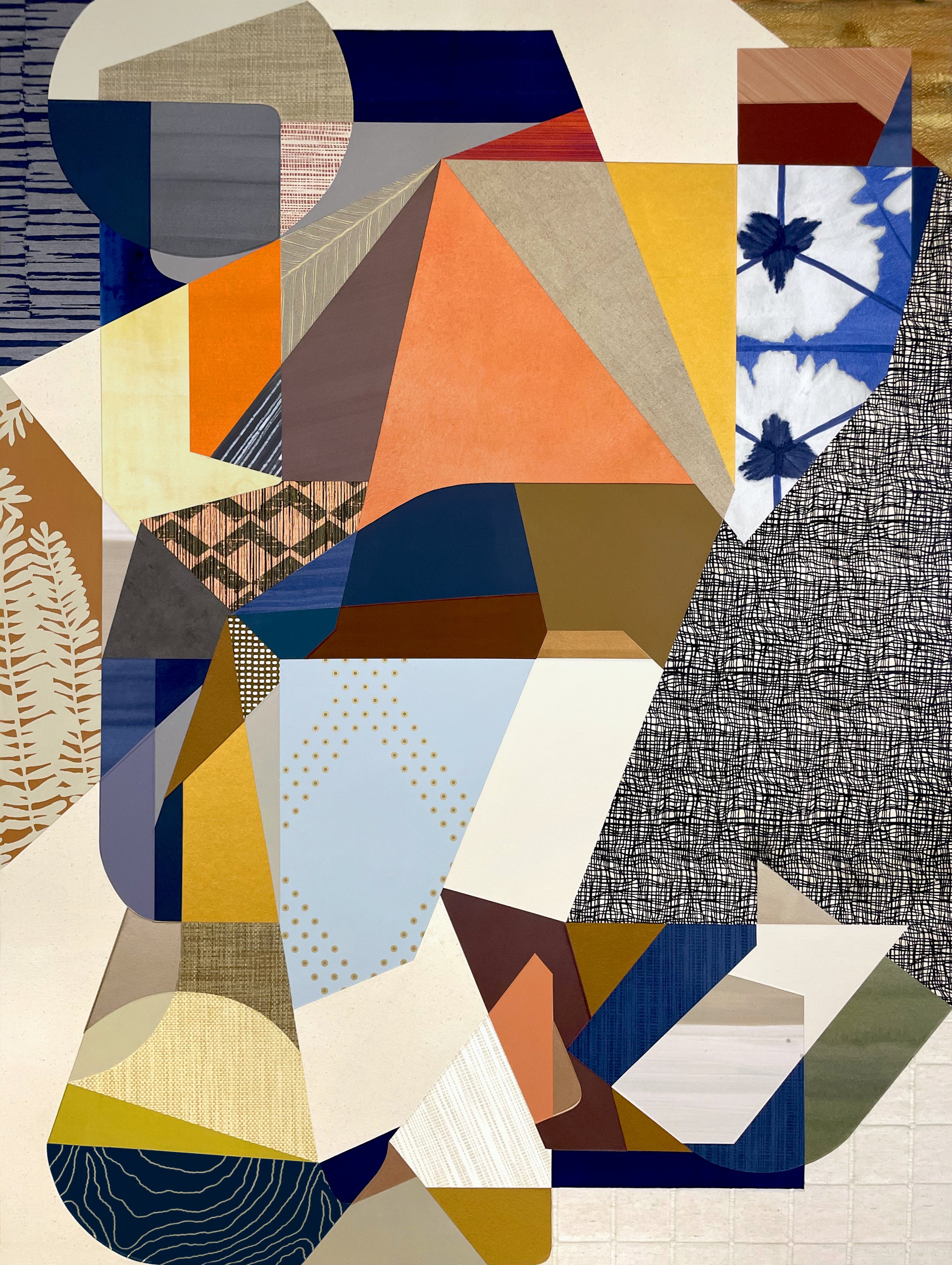 Interbeing Abstraction #2. 2026.  36" x 48".  Paint, painted paper, print material, textiles, canvas, Belgian linen, collaged/adhered to Sintra panel with wood cradling.