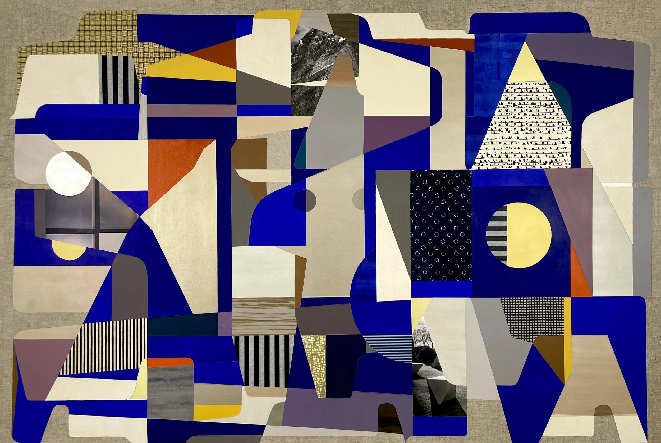 Sans Wave, 2025.  40" x 60".  Paint, painted paper, print materials, textiles, painted canvas, raw canvas, Belgian linen collaged/adhered to sintra panel.