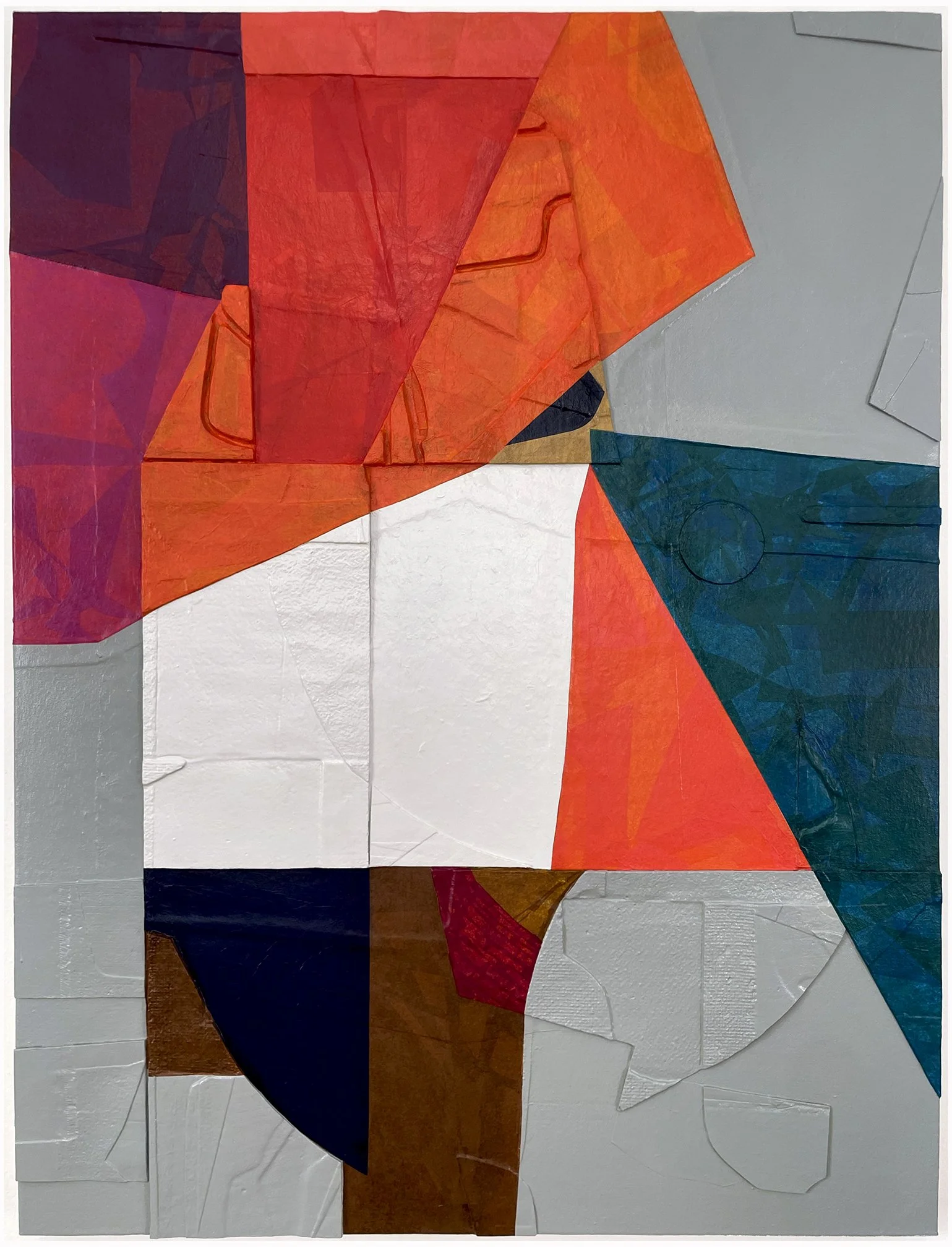 Unexpected Intersection, 2025.  24" x 32".  Painted paper, paint, aqua resin cast forms mounted on panel.