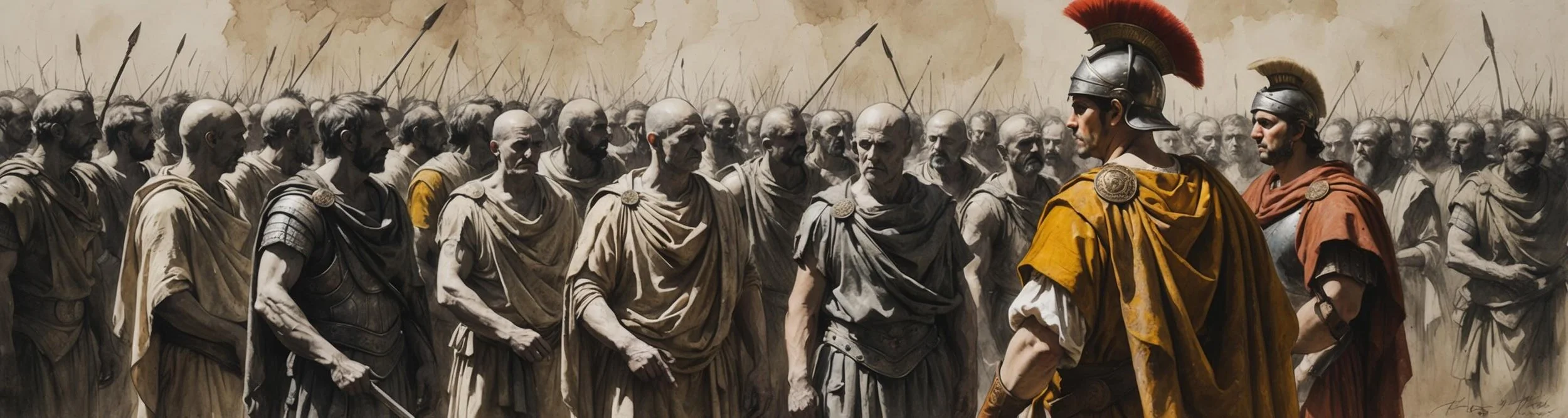 Flavius and Marullus scold a crowd of workers.