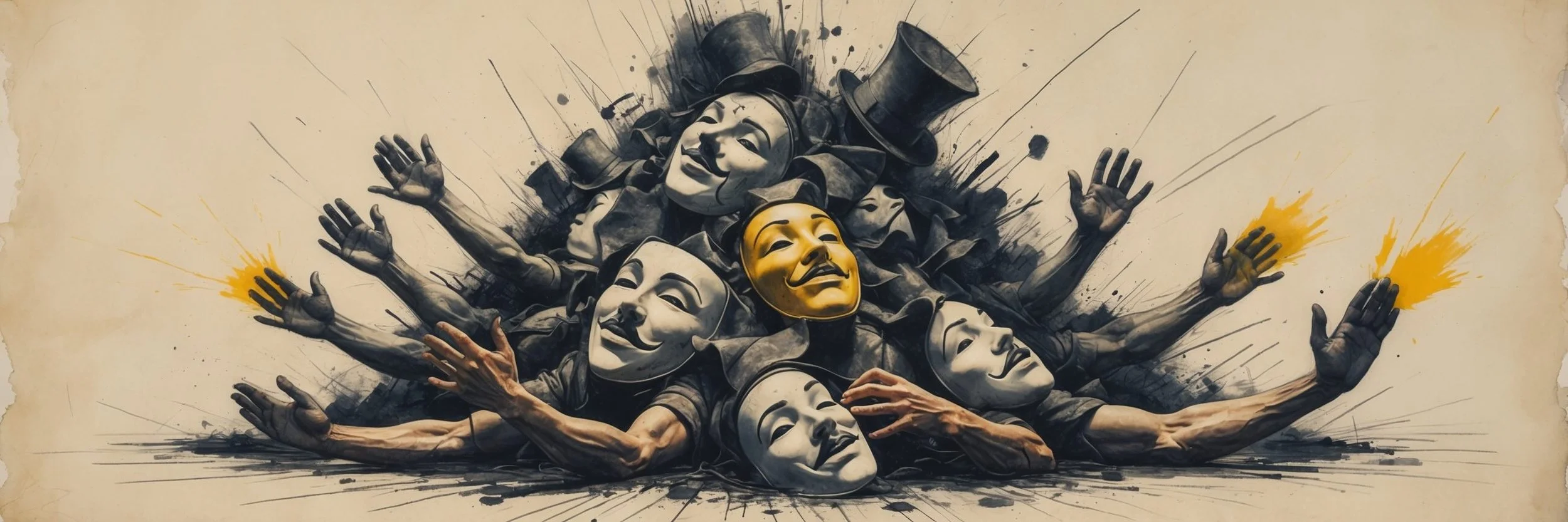 A pile of face masks and arms, representing disguise and deception in Twelfth Night