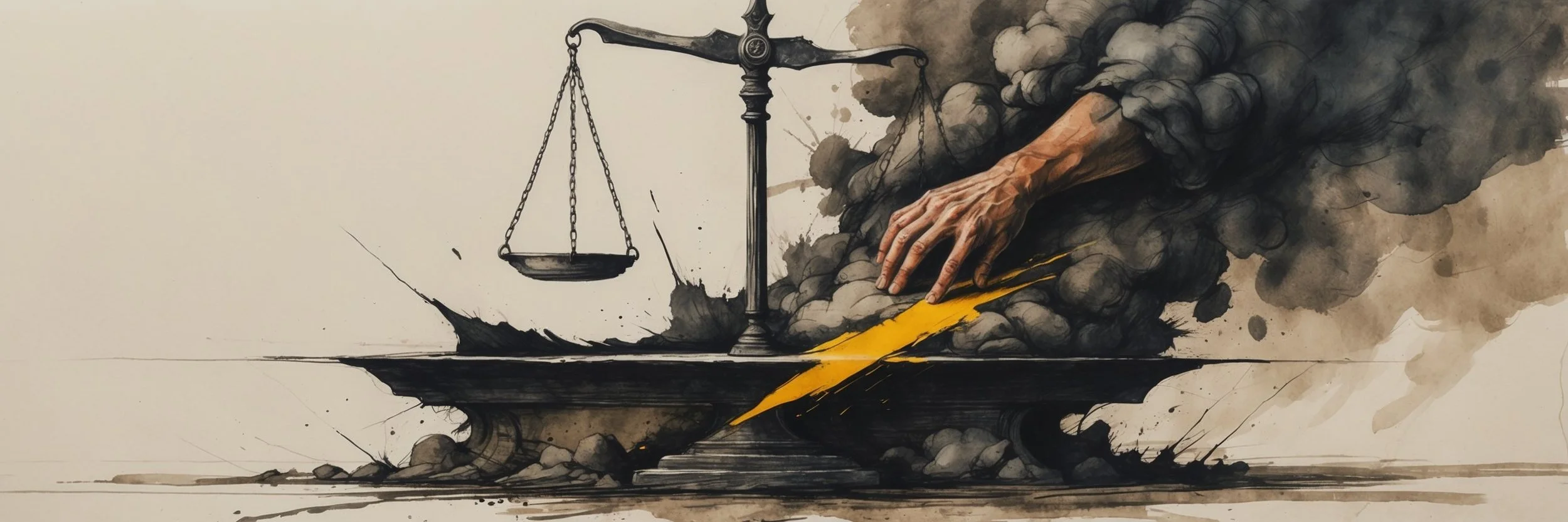 A hand grabs coins from a scale, hidden behind smoke.