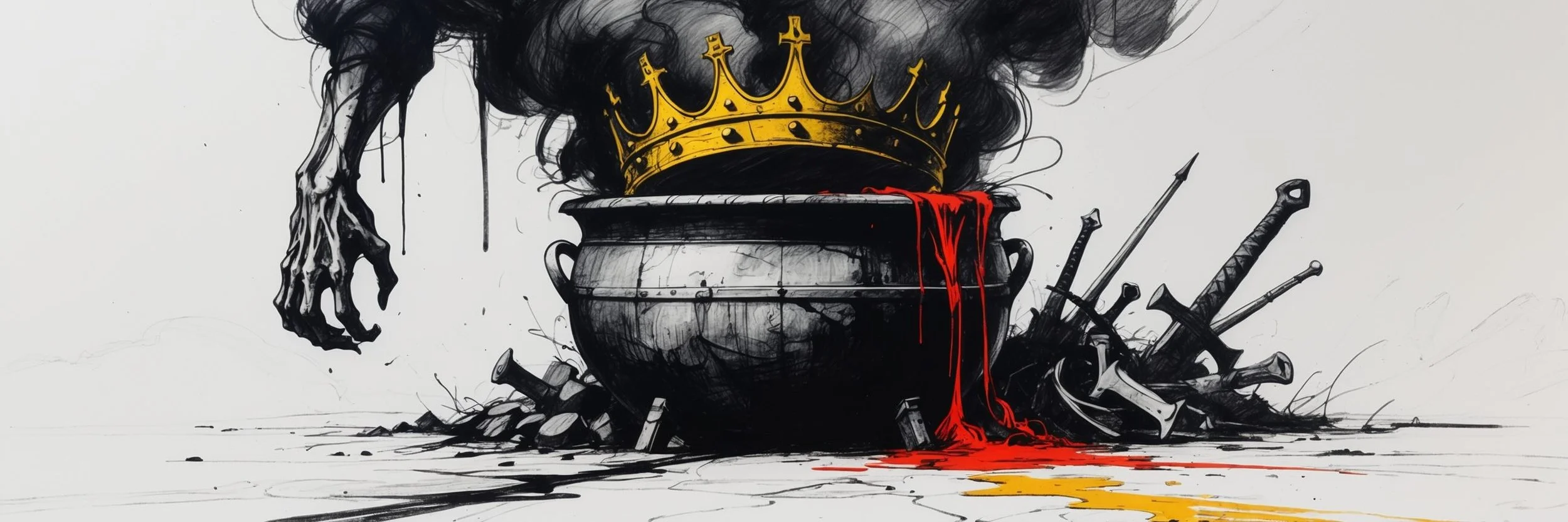 An image of the witches cauldron in Macbeth, with the king's crown rising above it, dripping in blood.
