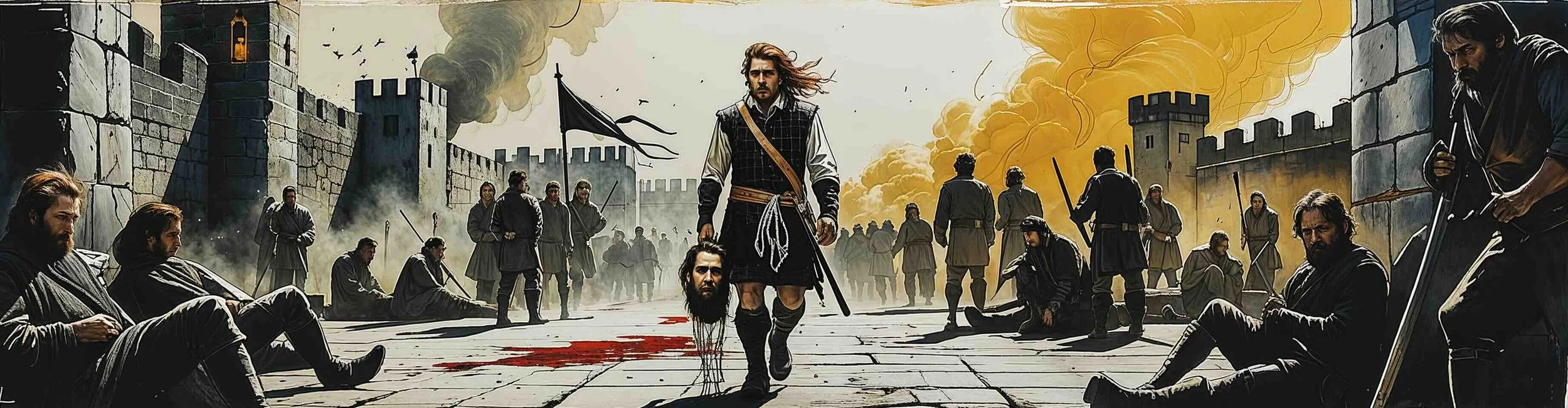 Malcolm carries the head of Macbeth through the battlements.