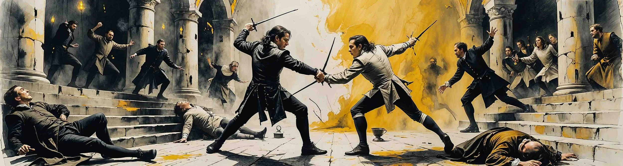 Hamlet and Laertes duel in the final tragic scene of Hamlet.