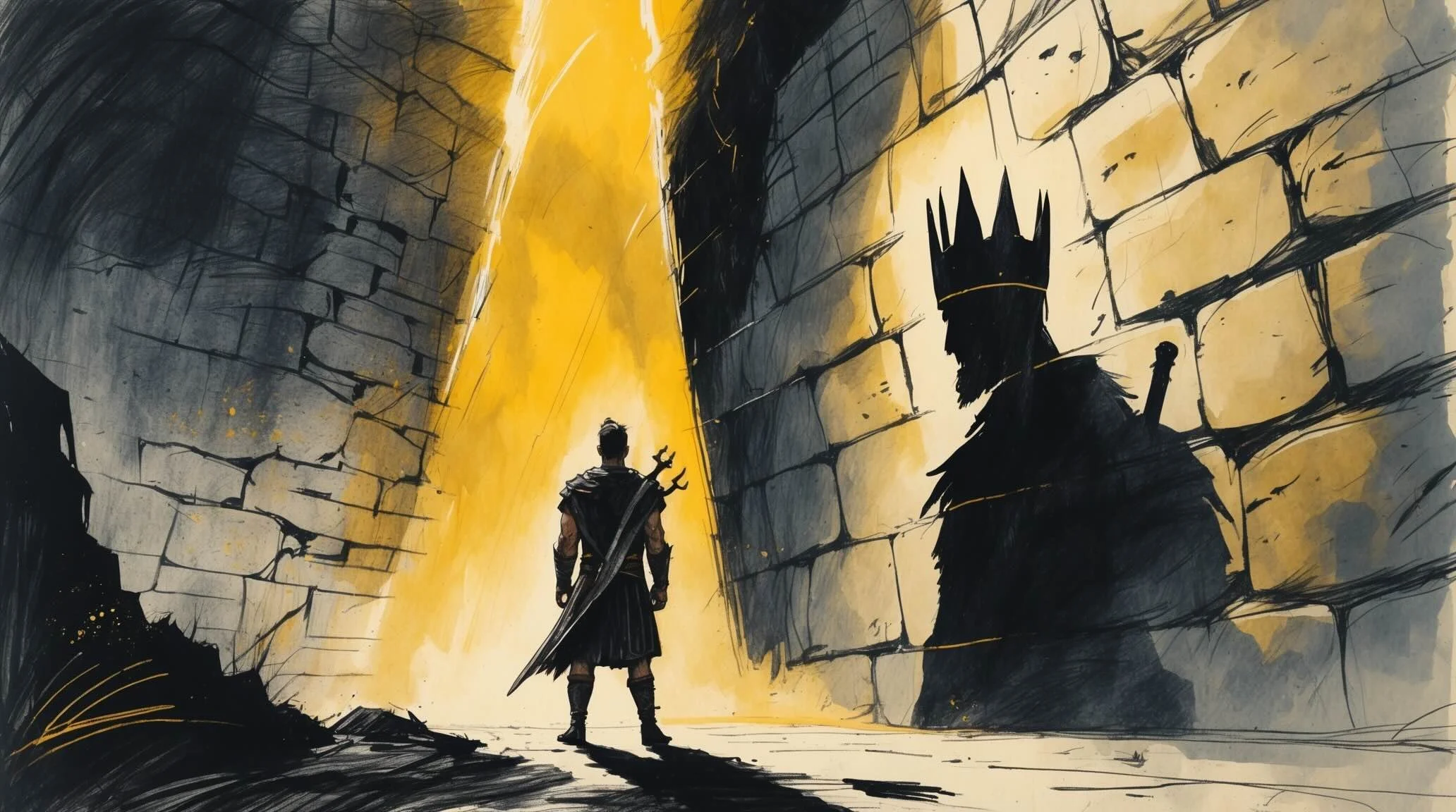 Macbeth the soldier stands with shadow reflecting a king, matching his ambition.