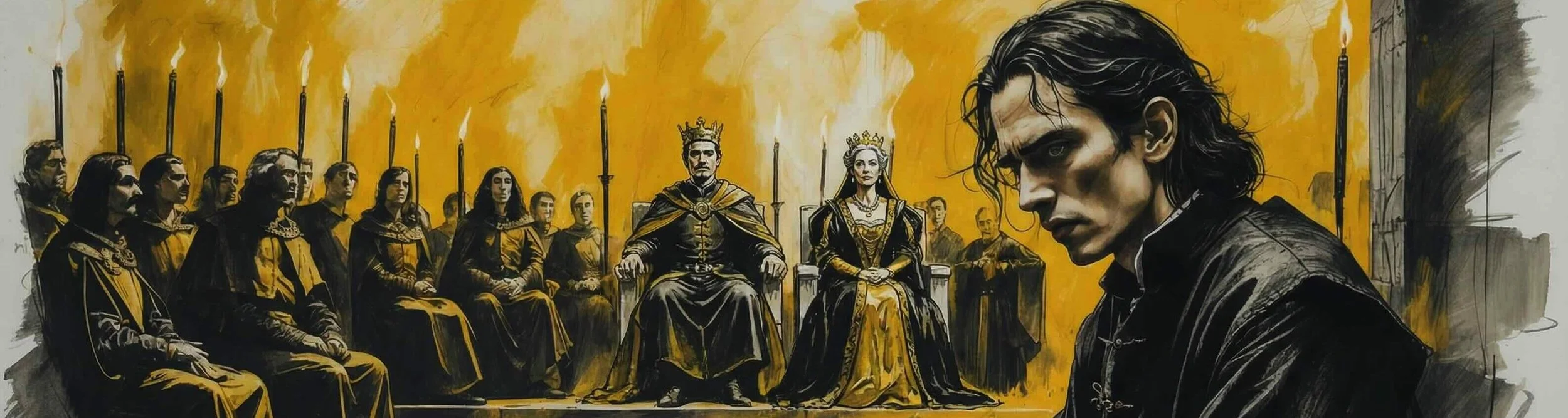 Hamlet mourns his father while Claudius addresses the court in Hamlet Act 1 scene 2.