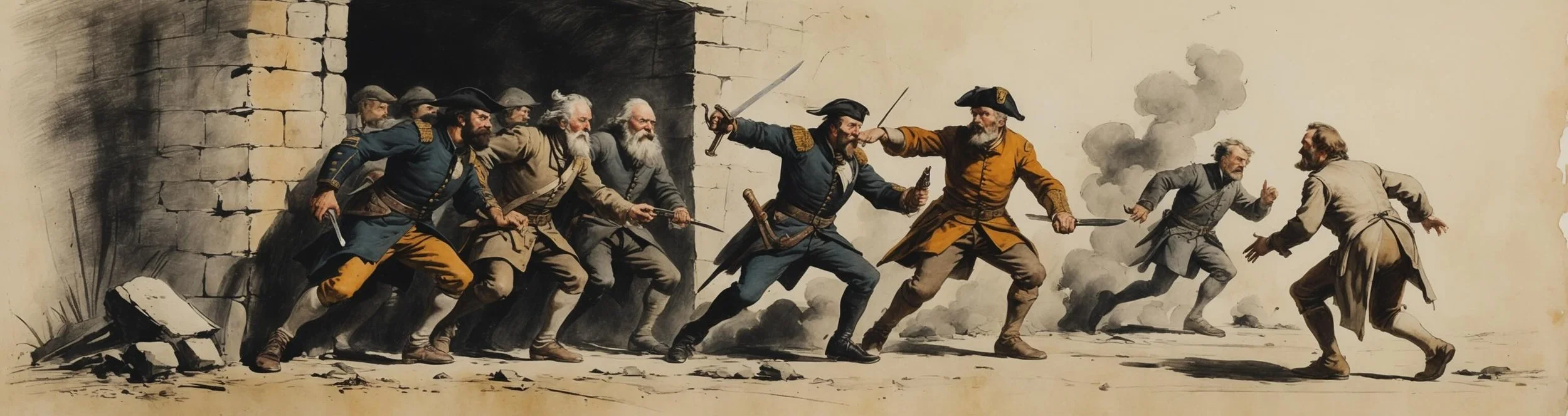 Fluellen pushes Pistol, Nym and Bardolph towards the breach in the wall at Harfleur; an image from Act 3 Scene 2 in Shakespeare's Henry V.