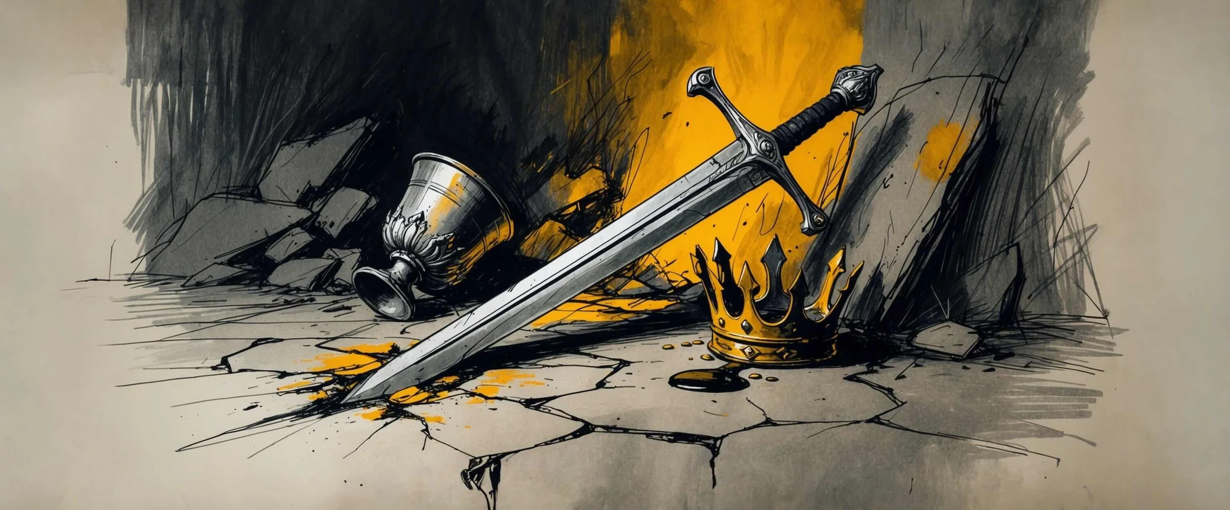 A sword, crown and poisoned cup, representing the theme of Revenge in Hamlet.