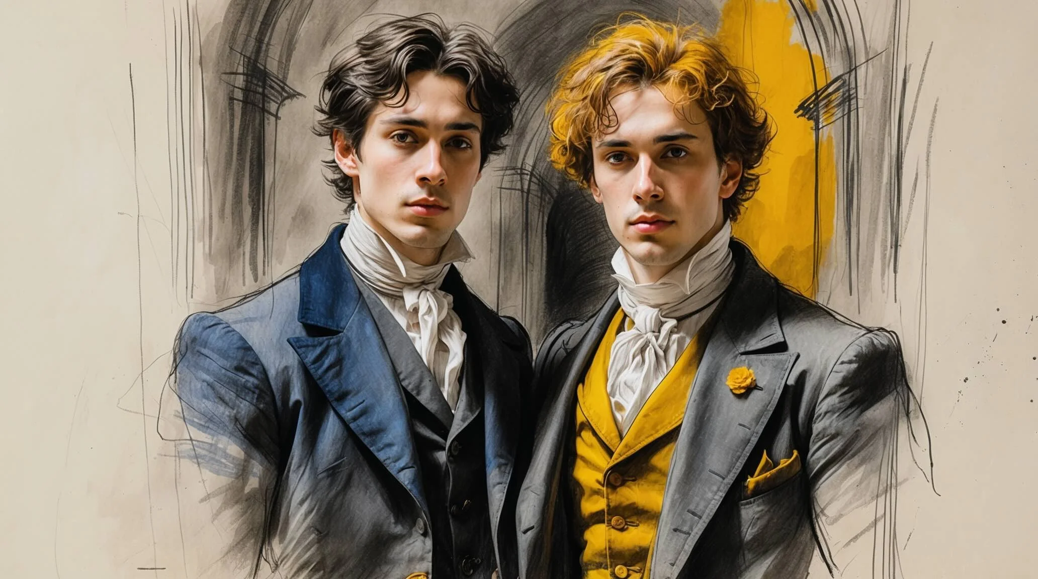 A duo portrait of Rosencrantz and Guildenstern. Two young, fashionable university students standing shoulder-to-shoulder with eager, sycophantic expressions. Sketch style with muted colours and yellow highlights.
