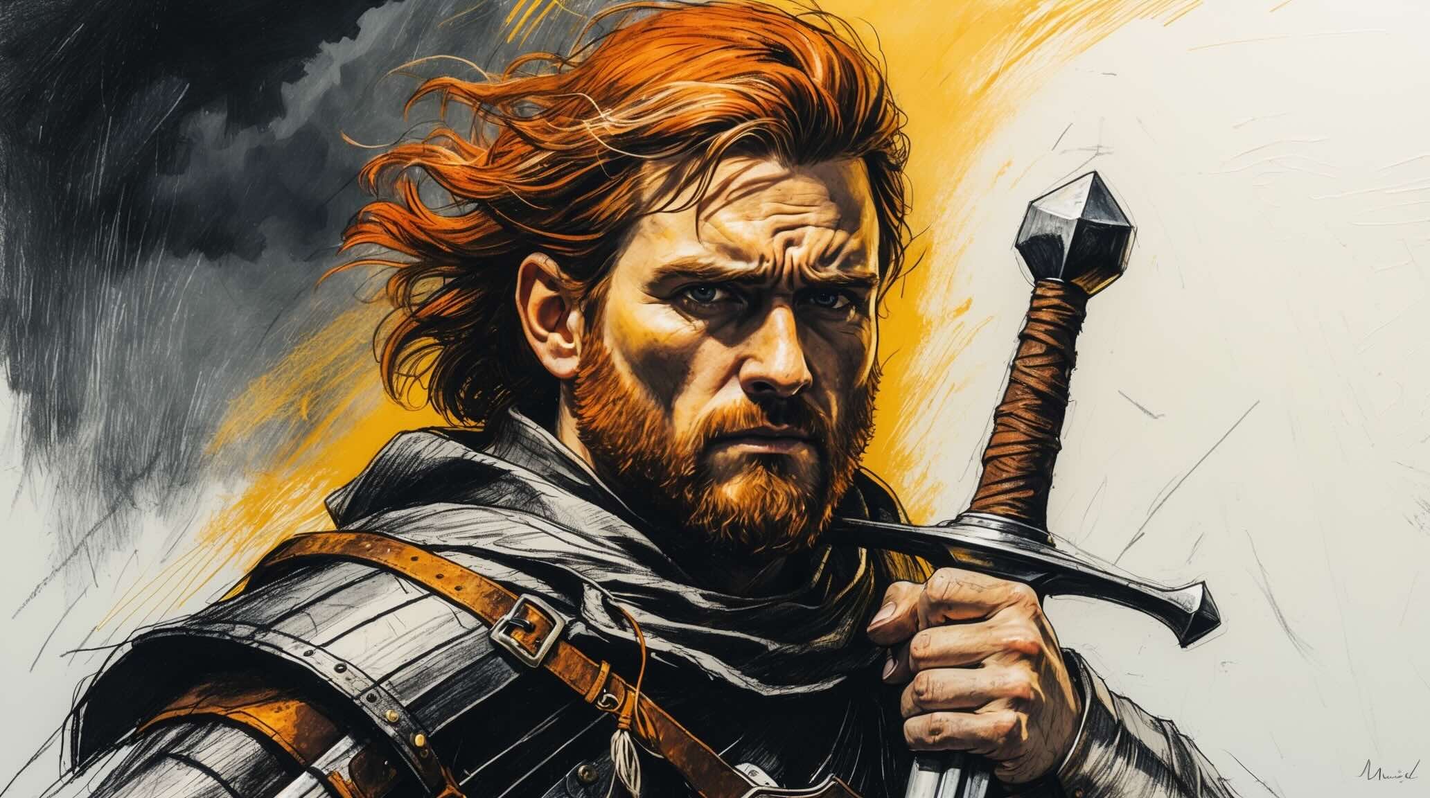 Portrait of Macduff, rugged and grief-stricken Scottish warrior, tear-stained but hardened face, holding a heavy broadsword.
