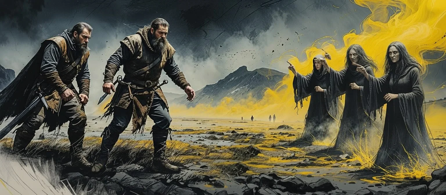 Macbeth and Banquo encounter the witches on the moor.