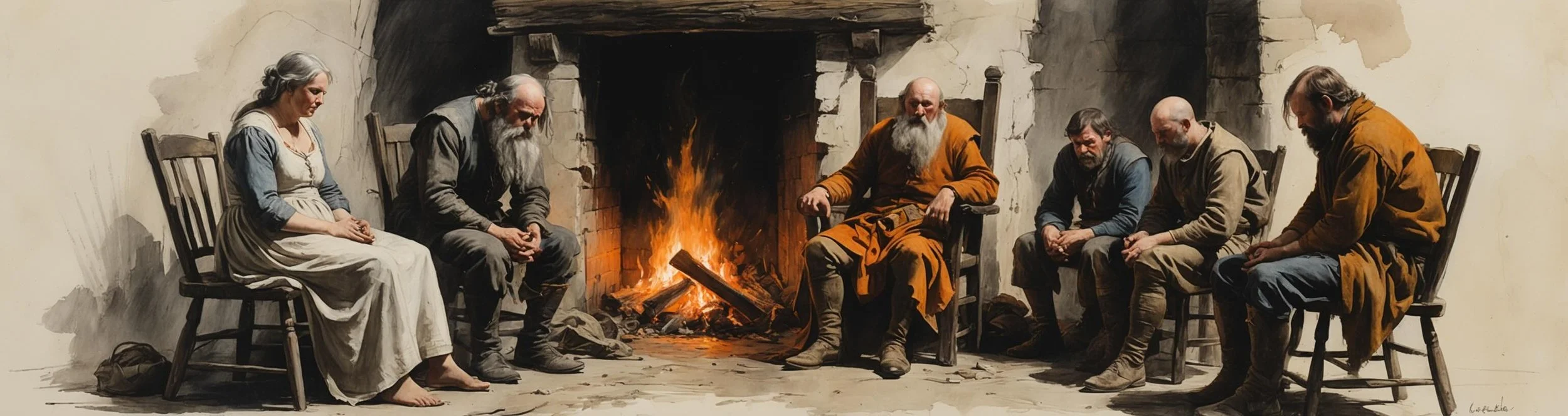 Pistol, Hostess, Nym and Bardolph sit around a fire as they learn of Falstaff's death, in Act 2 Scene 3 of Shakespeare's Henry V.