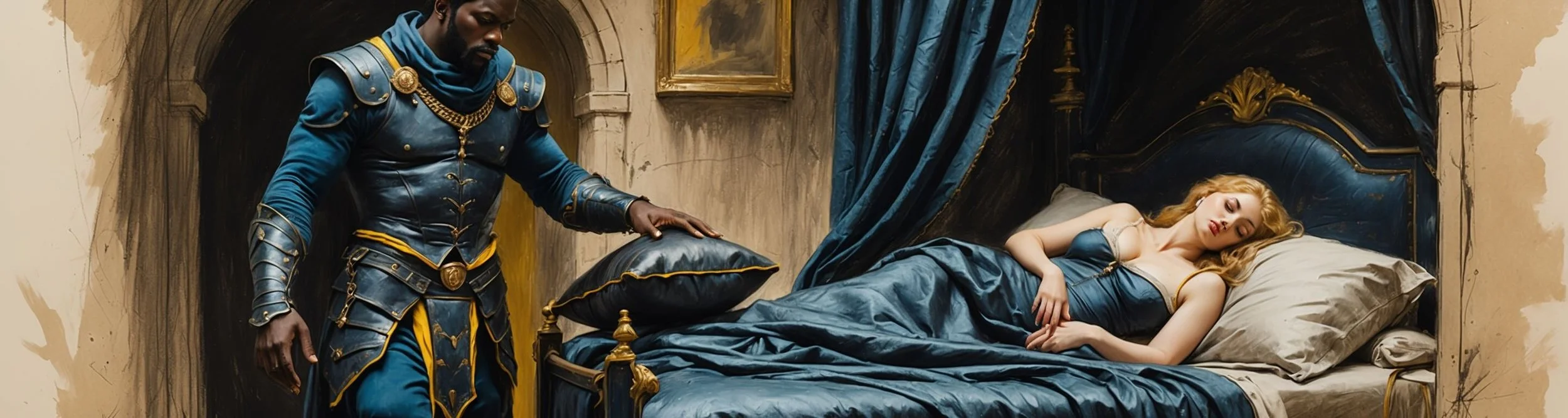 Othello smothers the sleeping Desdemona.
