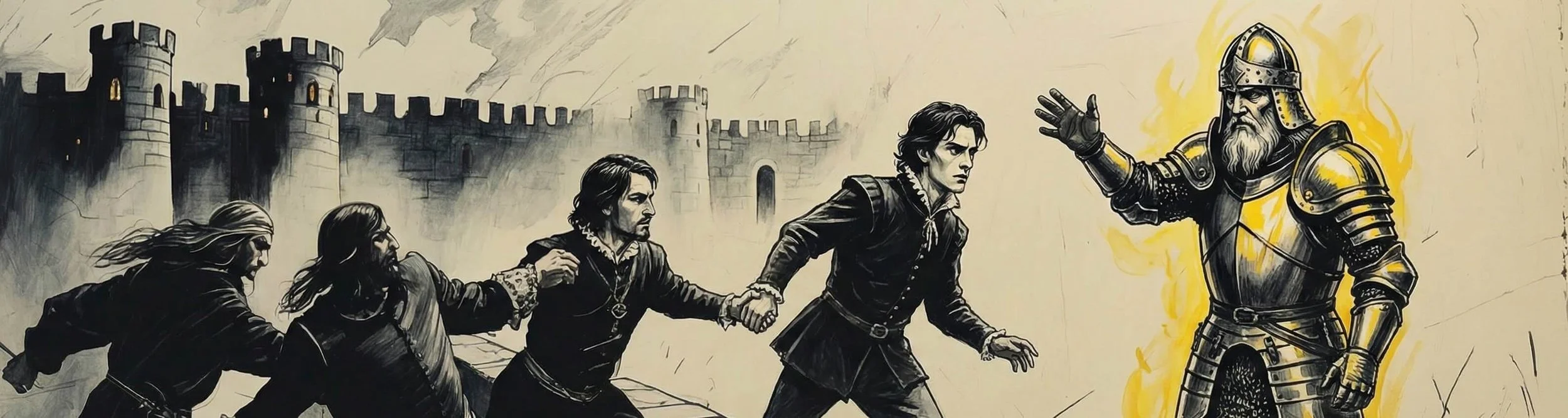 Cinematic sketch of Hamlet Act 1 Scene 4. An ultra-wide view of Horatio and Marcellus physically restraining Hamlet on the battlements as he tries to follow the beckoning Ghost. Gritty charcoal style with yellow highlights.