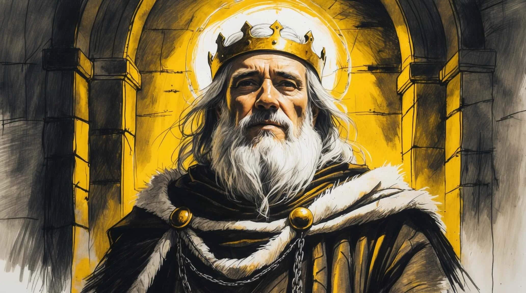 Portrait of King Duncan, elderly and regal, white beard, kindly expression, wearing a simple golden crown and heavy fur robes.