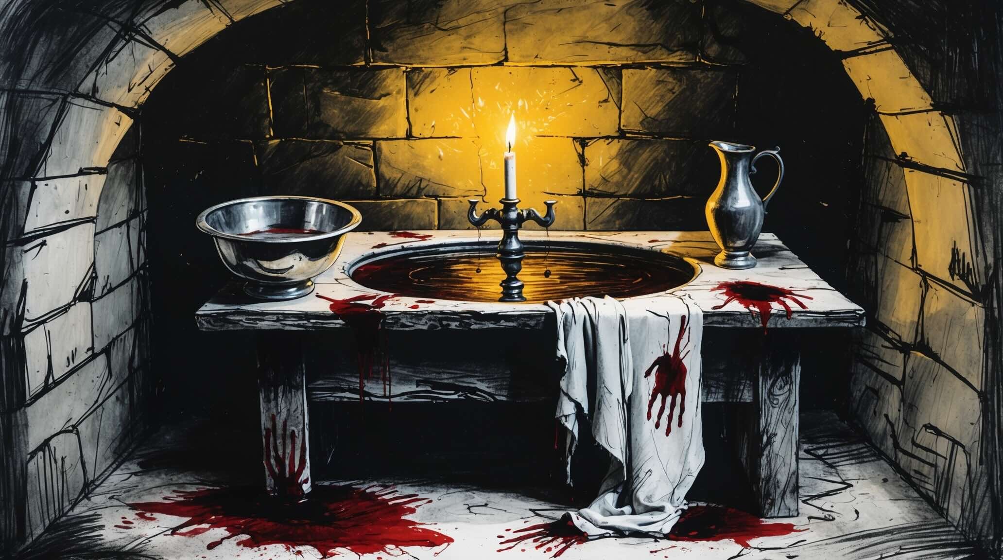 An ancient sink in a castle is filled with blood, symbolising guilt in Macbeth.