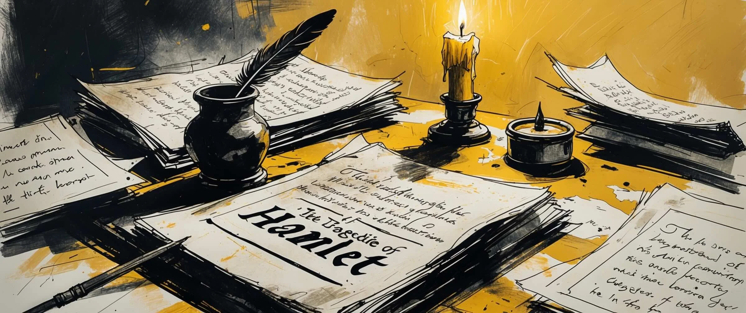 Symbolic illustration for the historical context of the play. A cinematic ultra-wide sketch of an Elizabethan writer's desk circa 1600, covered in cluttered parchment pages, a quill pen, and inkpot.