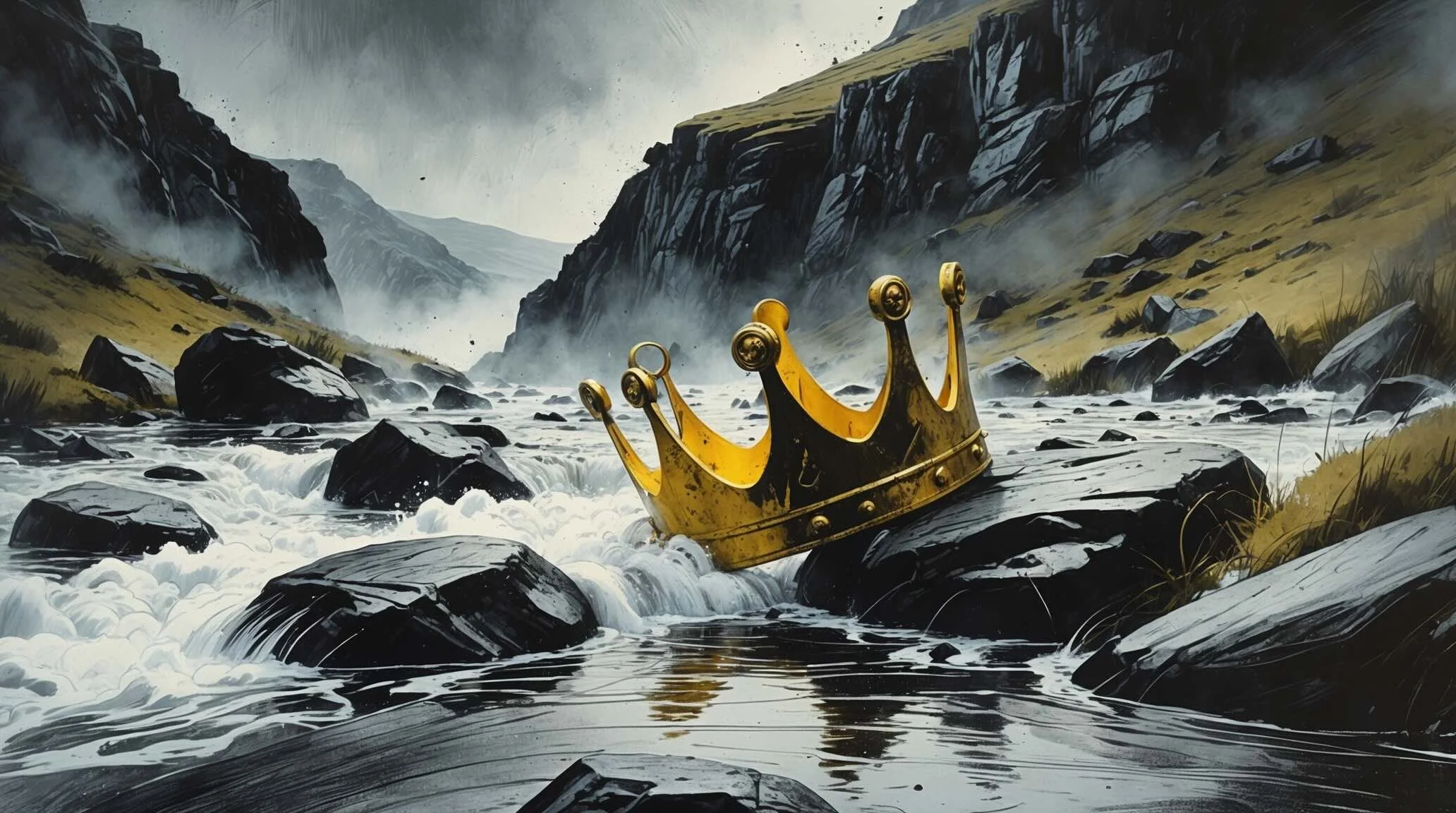 A crown rests in a Scottish mountain stream, representing fate in Macbeth.
