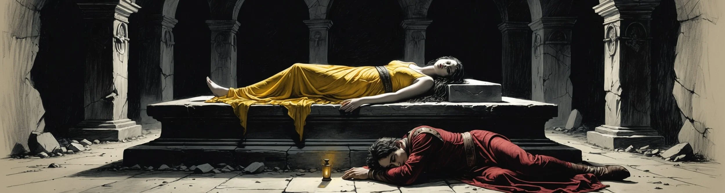 Romeo and Juliet lie dead in the crypt, from Act 5 Scene 3.