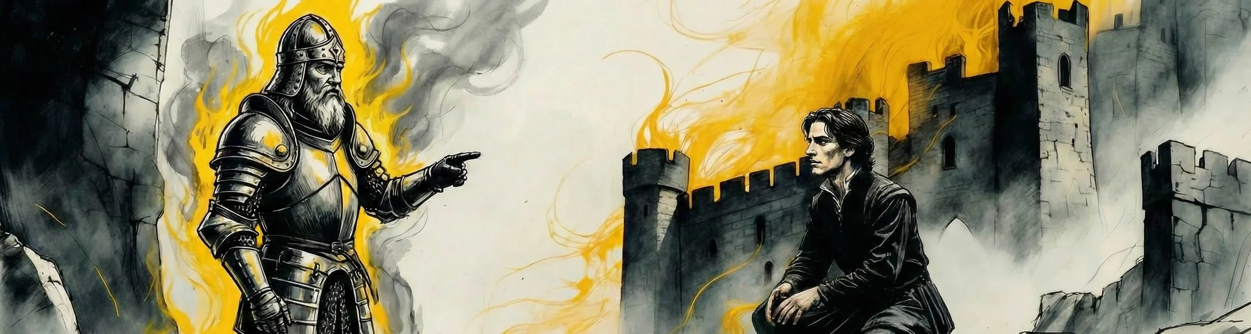 Cinematic sketch of Hamlet Act 1 Scene 5. An ultra-wide view of the Ghost of King Hamlet towering over a kneeling Prince Hamlet on the misty ramparts, revealing the murder. Gritty charcoal style with yellow supernatural highlights.