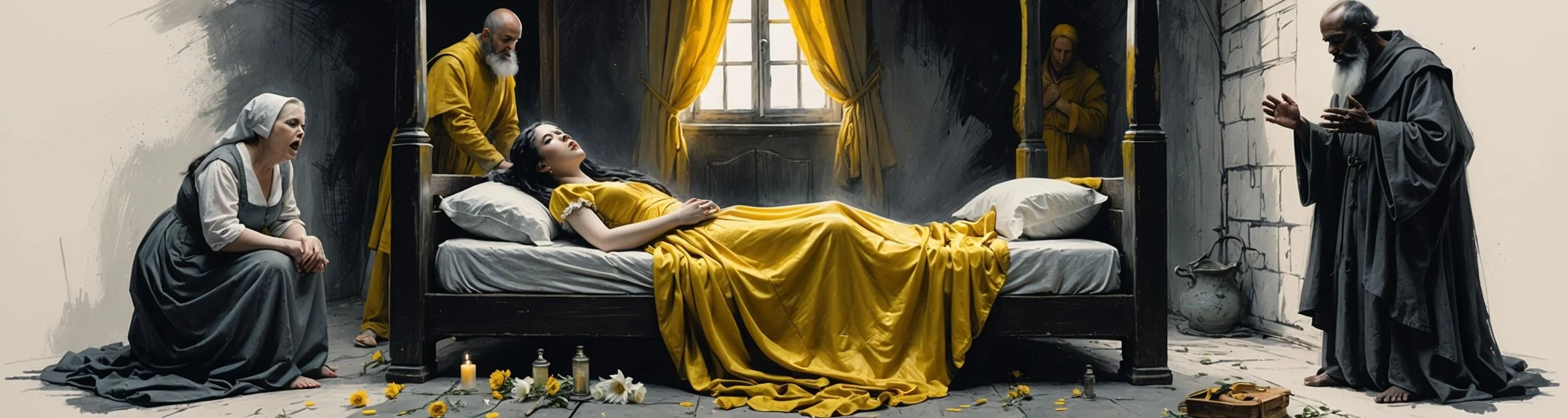 The family mourn as Juliet lies in her bed.