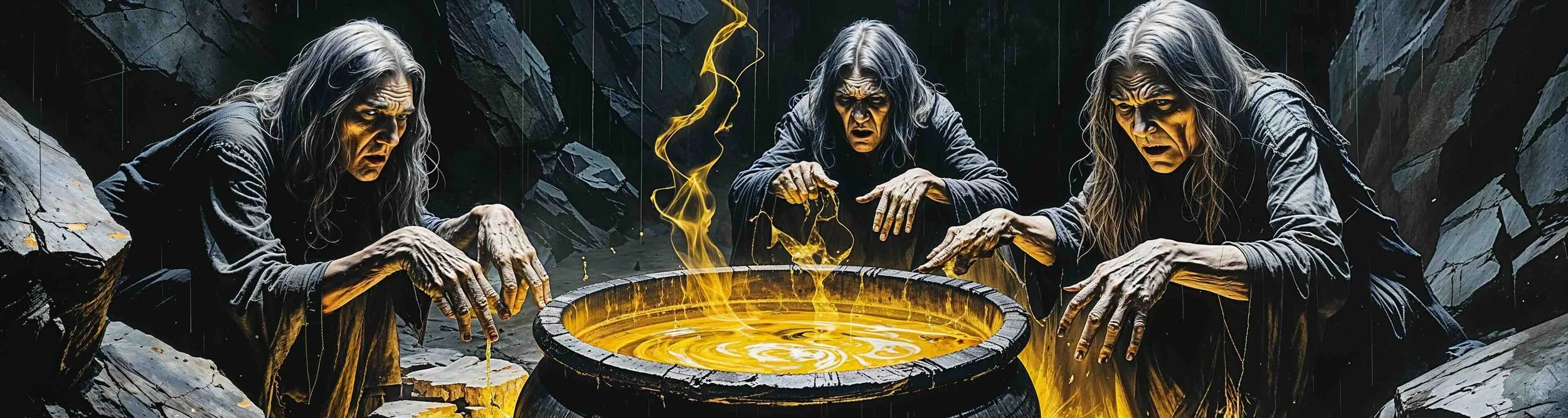 The witches of Macbeth huddle around the cauldron.