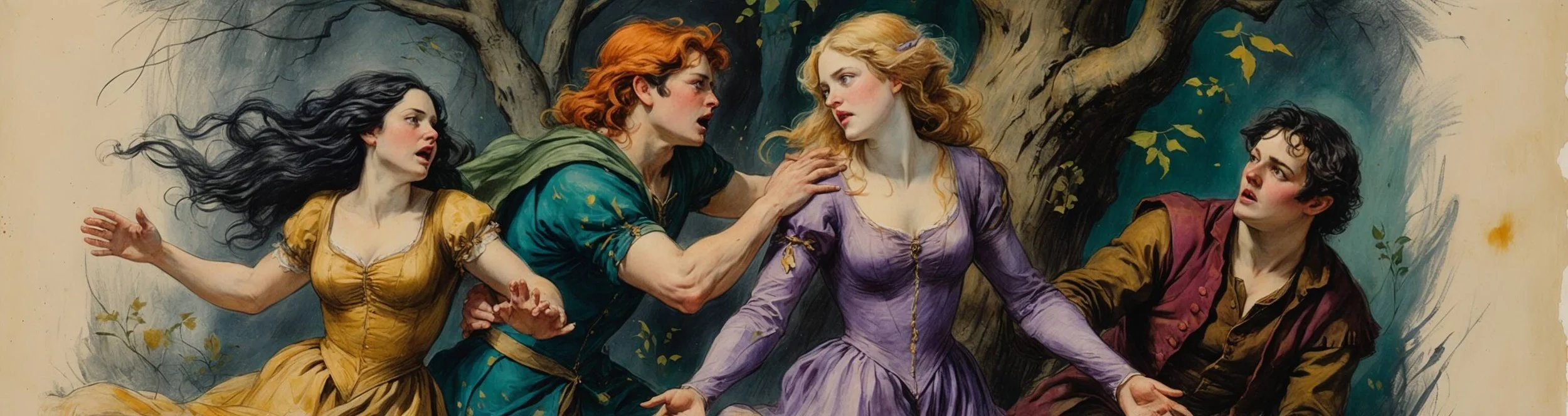 The four lovers quarrel in Act 3 Scene 2 of Shakespeare's A Midsummer Night's Dream.