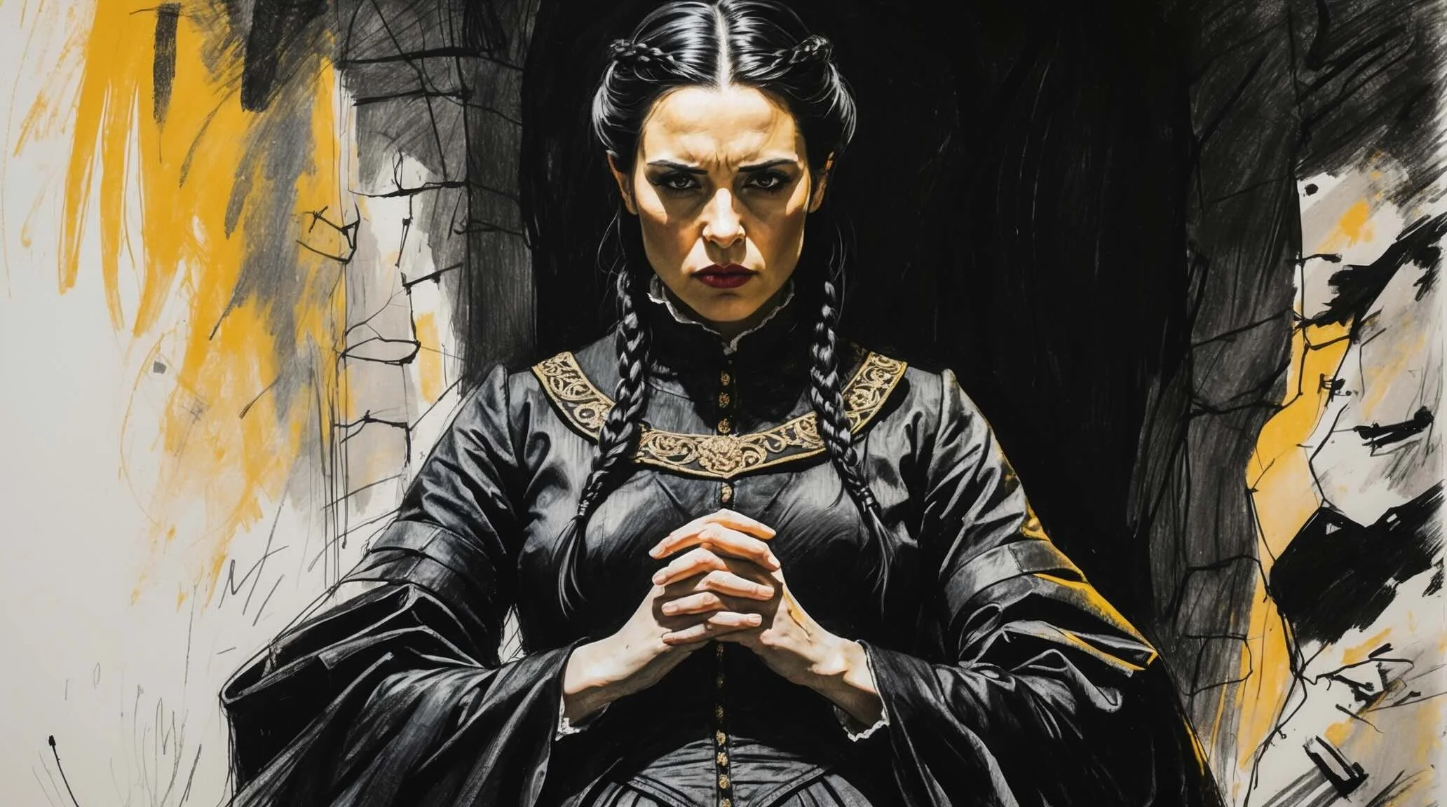 A high-contrast, theatrical portrait of Lady Macbeth in a candlelit Scottish interior, eyes bright with resolve.