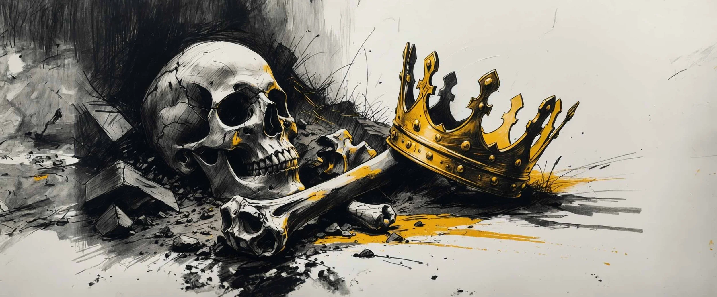 Symbolic illustration for the theme of Mortality. An ornate golden crown lying partially buried in dark graveyard soil next to a human skull and bones. Charcoal textures with a glowing yellow crown.