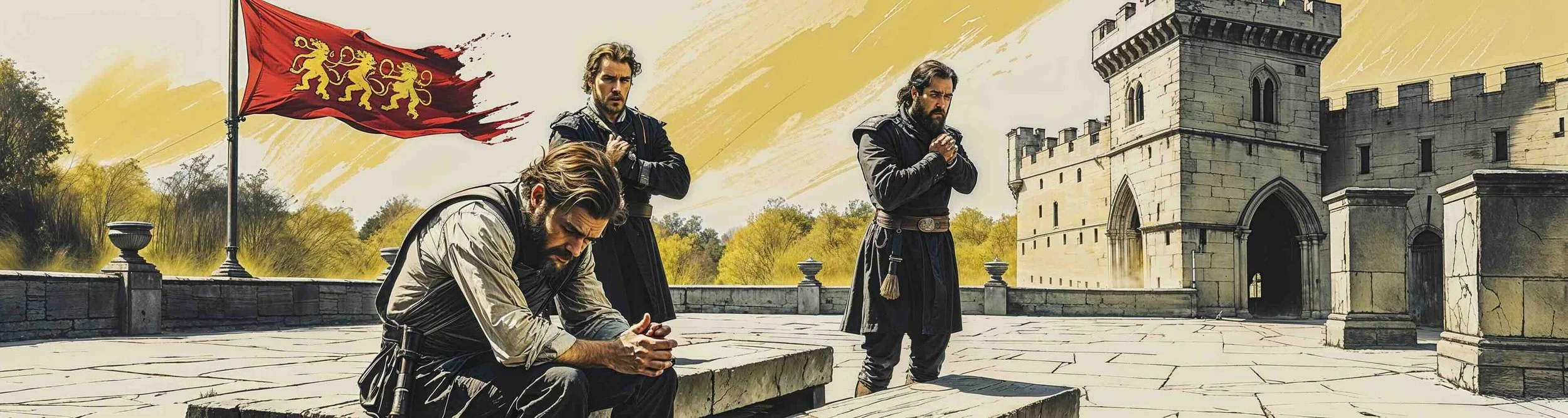Malcolm tests Macduff's loyalty on the battlements of an English castle in Macbeth Act 4 Scene 3.
