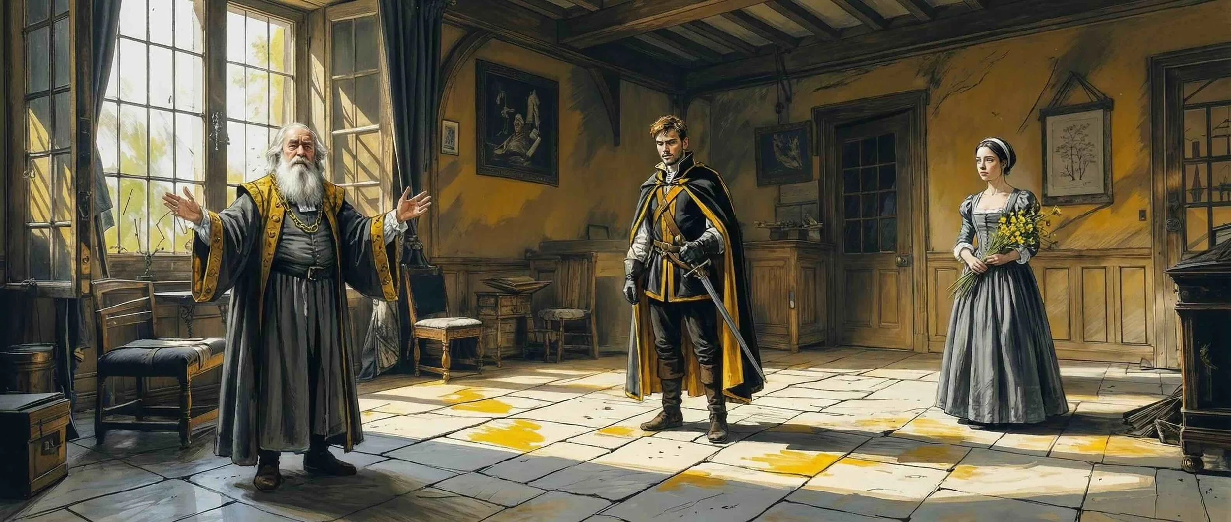 Polonius briefs Laertes and Ophelia.